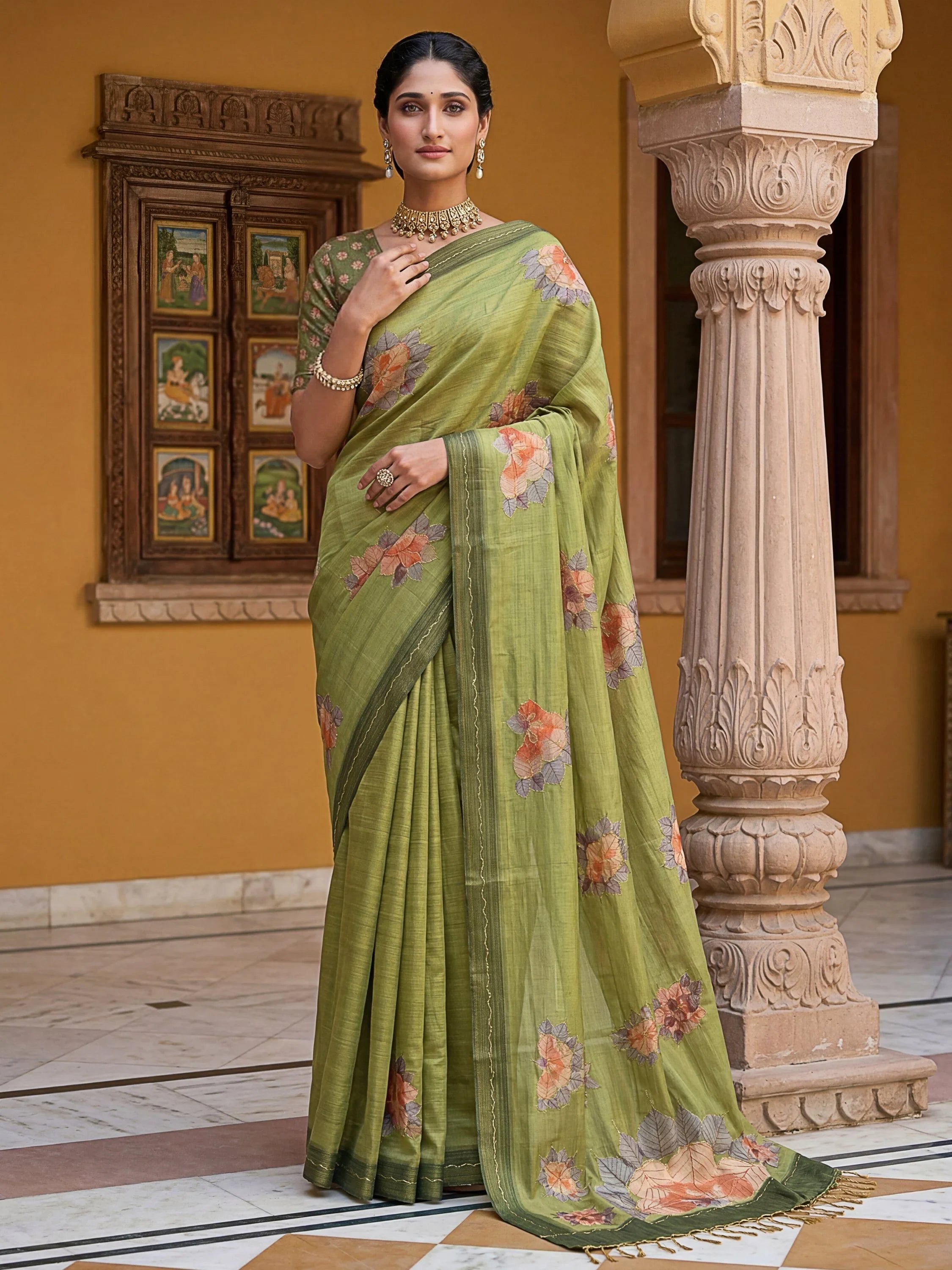 Green Majestic Floral Printed Silk Mehendi Wear Saree With Blouse