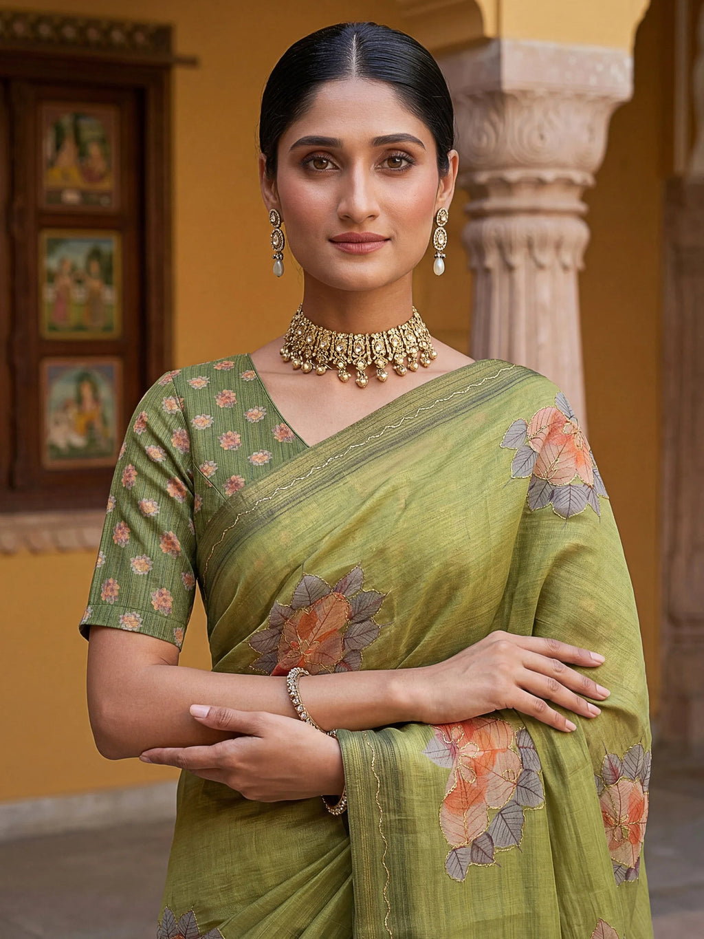 Green Majestic Floral Printed Silk Mehendi Wear Saree With Blouse