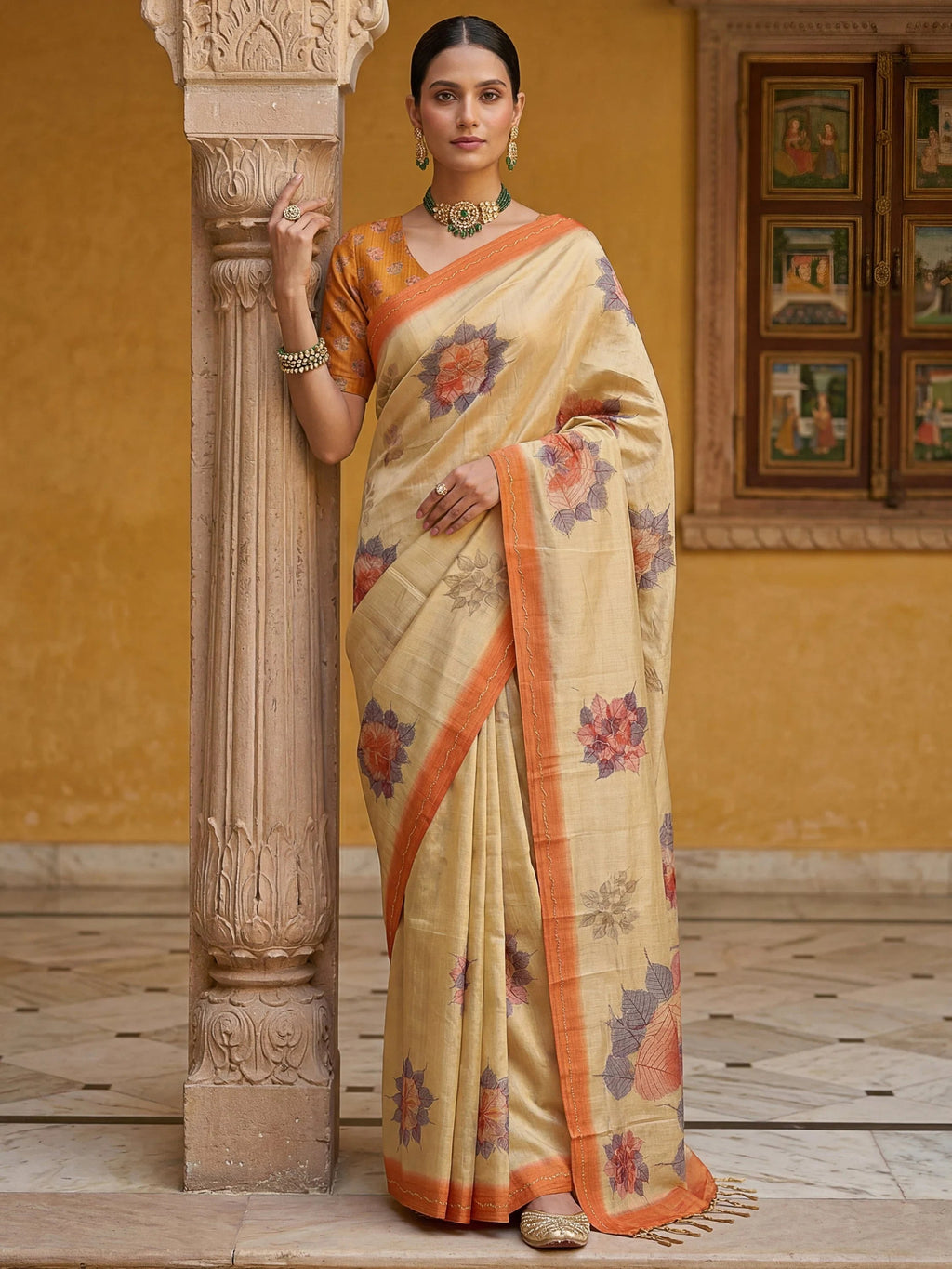 Beige Majestic Floral Printed Silk Mehendi Wear Saree With Blouse