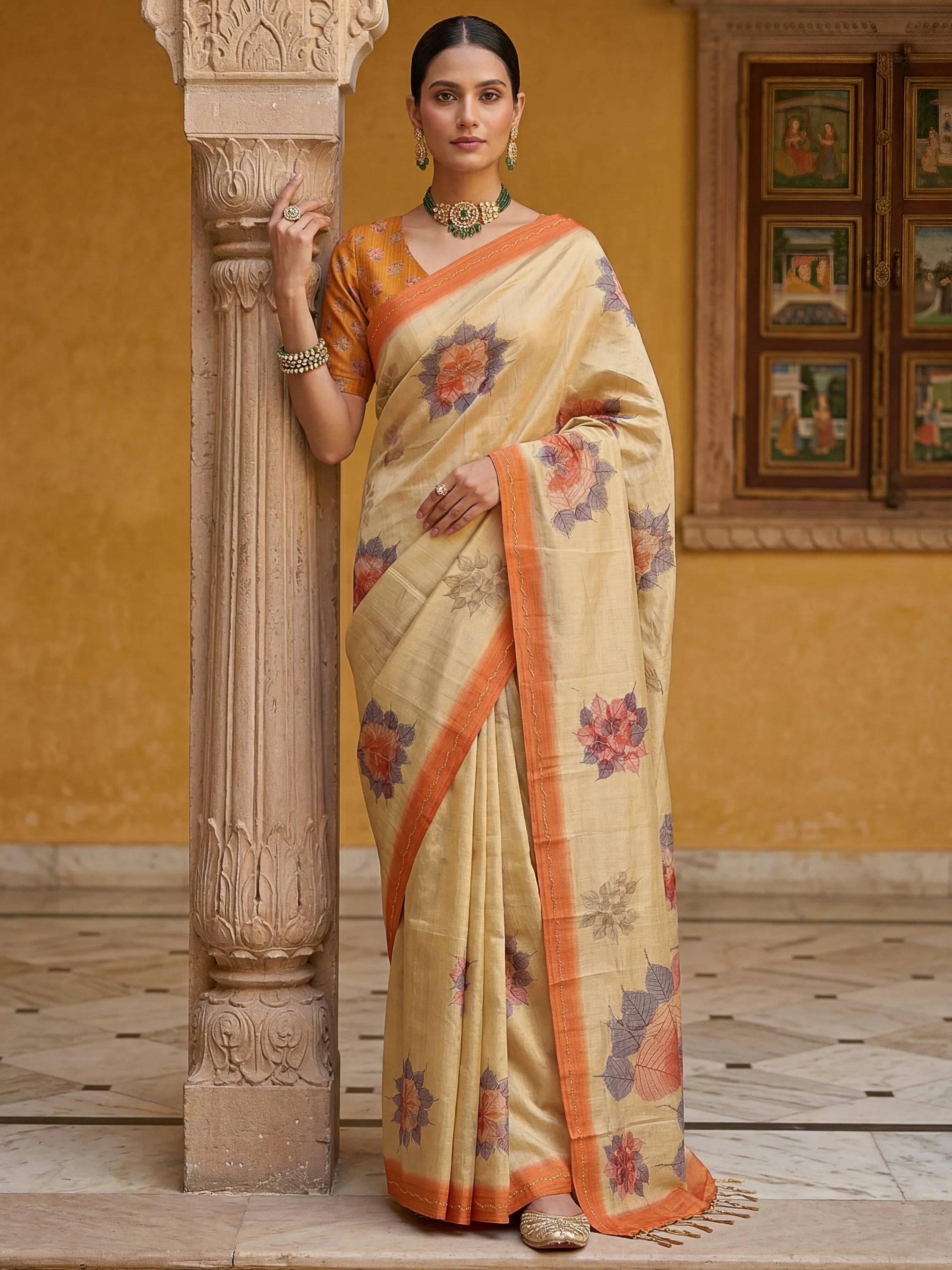 Beige Majestic Floral Printed Silk Mehendi Wear Saree With Blouse