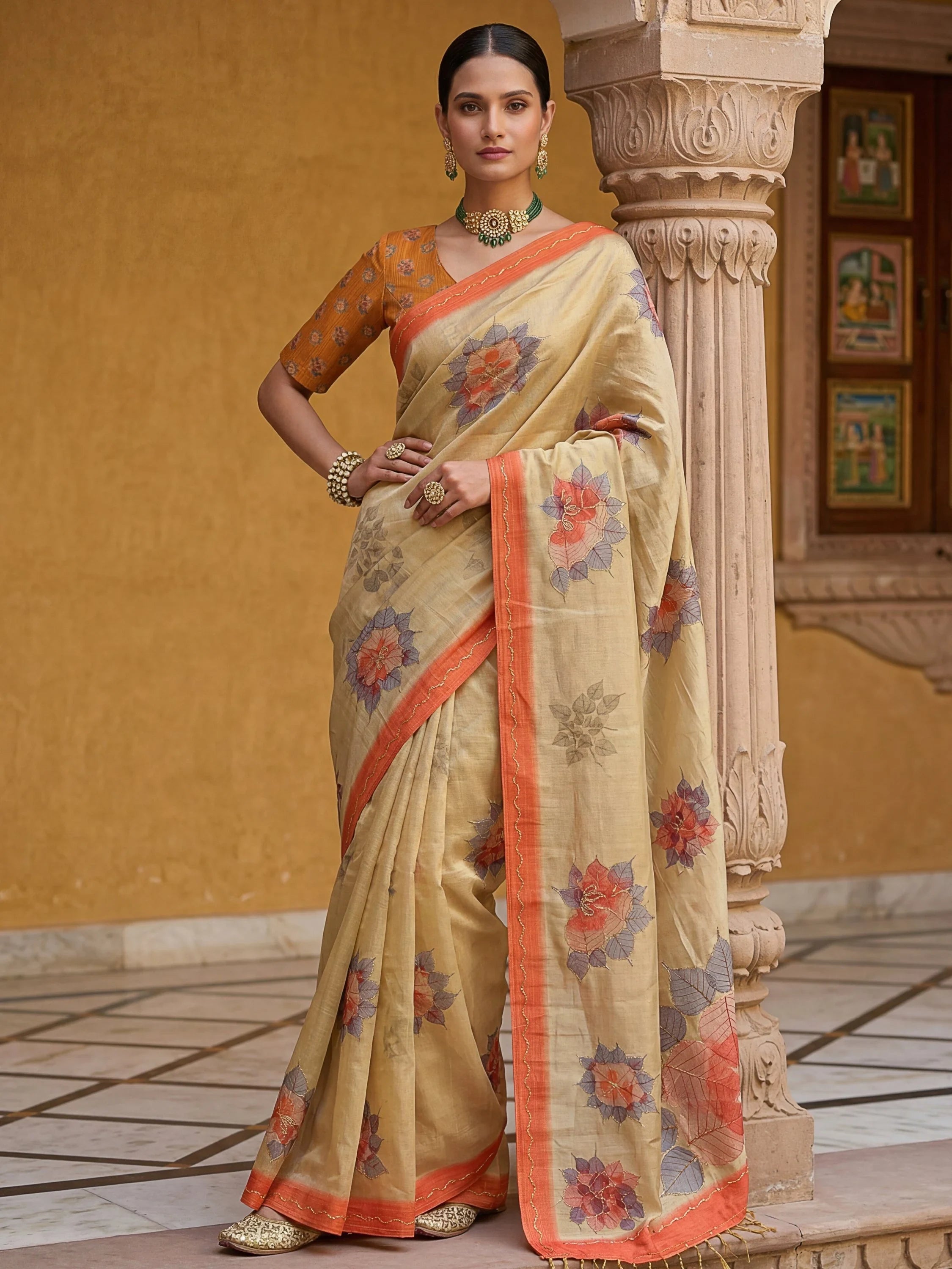 Beige Majestic Floral Printed Silk Mehendi Wear Saree With Blouse