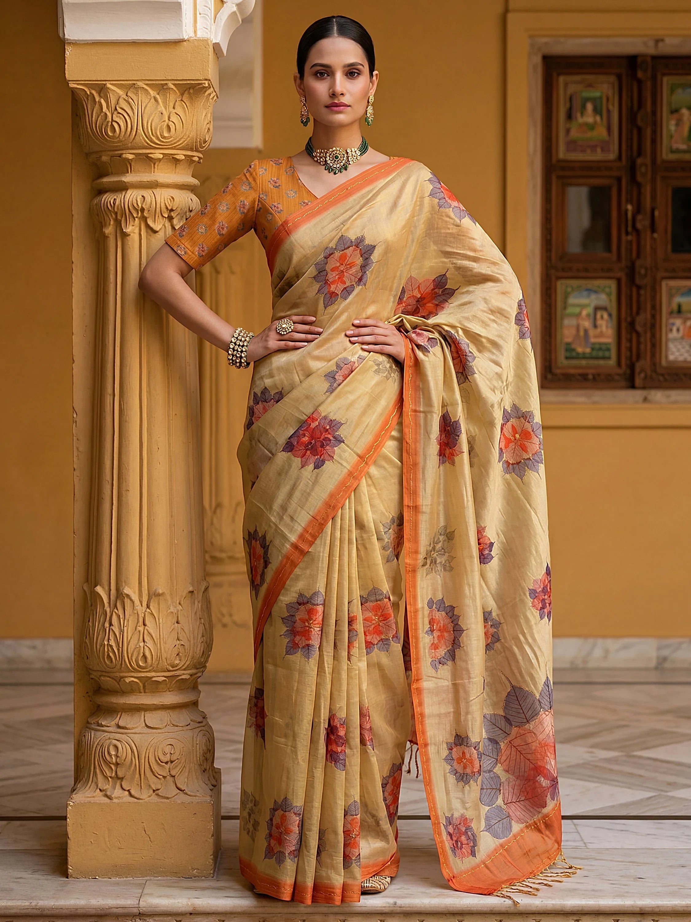 Beige Majestic Floral Printed Silk Mehendi Wear Saree With Blouse