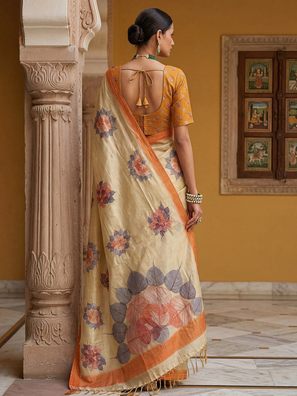 Beige Majestic Floral Printed Silk Mehendi Wear Saree With Blouse