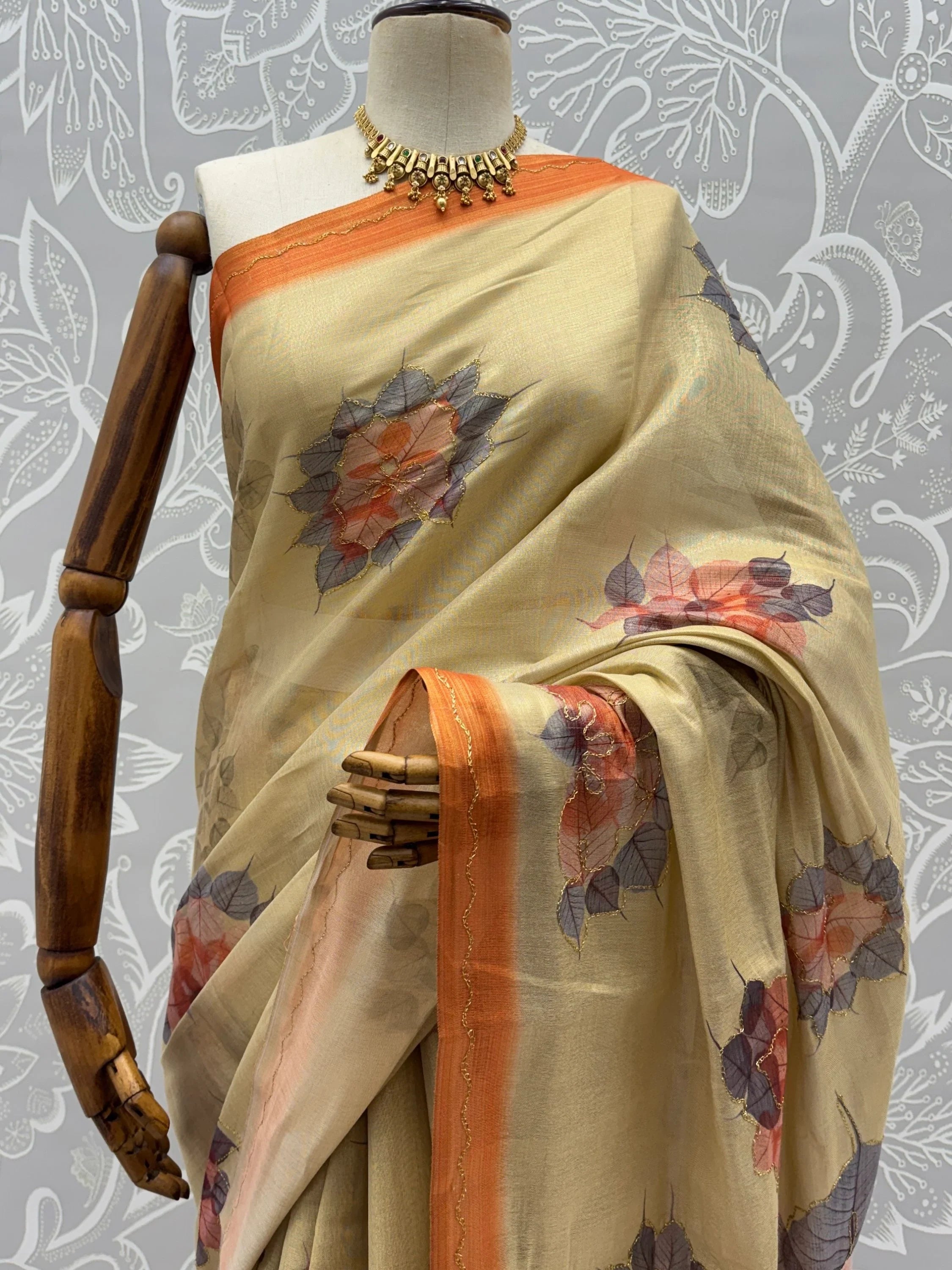 Beige Majestic Floral Printed Silk Mehendi Wear Saree With Blouse