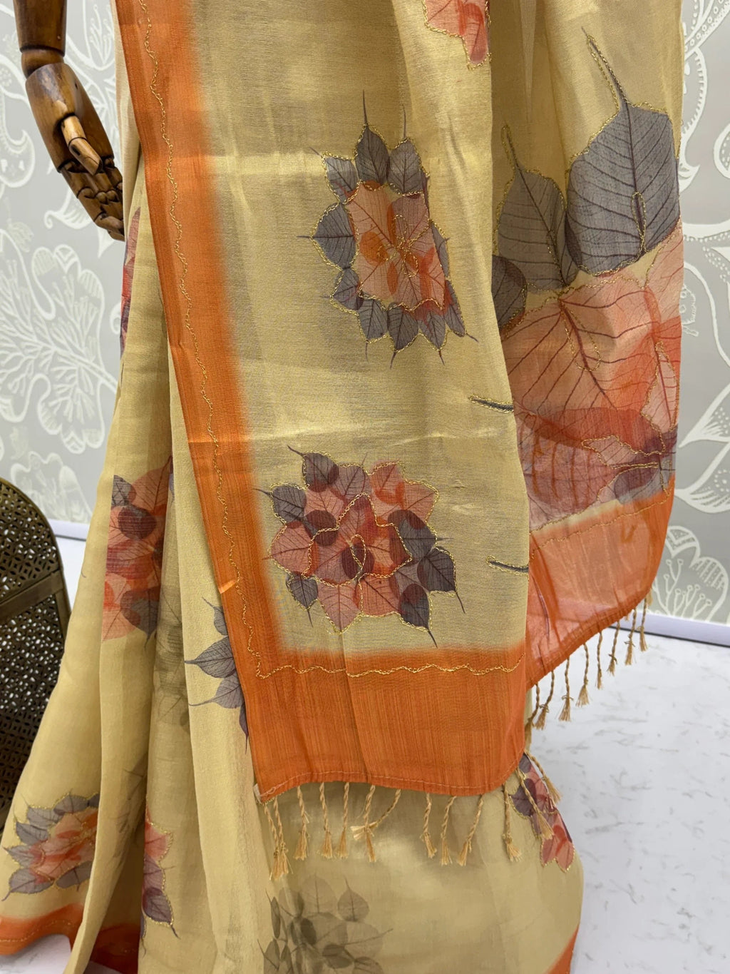 Beige Majestic Floral Printed Silk Mehendi Wear Saree With Blouse