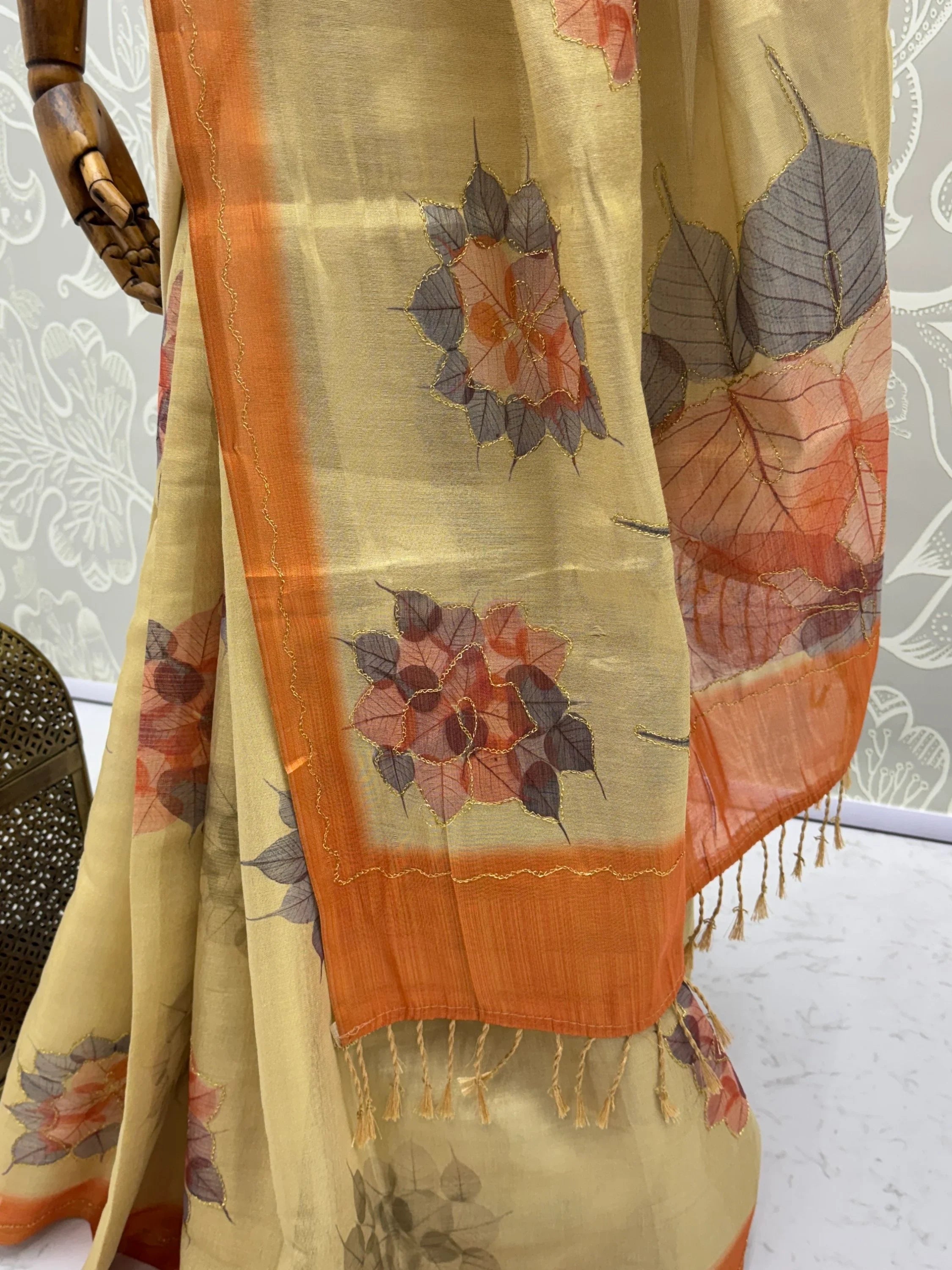 Beige Majestic Floral Printed Silk Mehendi Wear Saree With Blouse