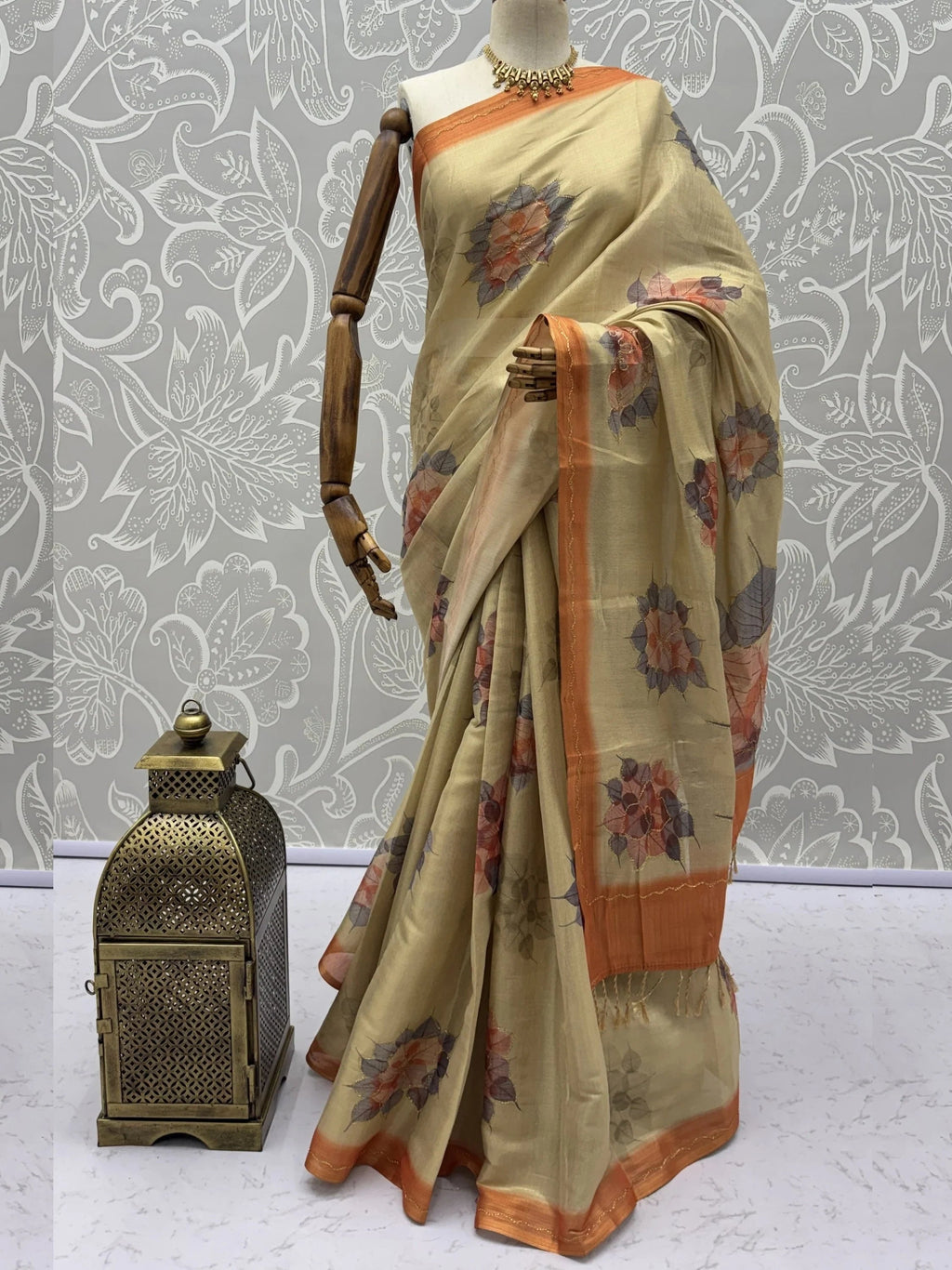 Beige Majestic Floral Printed Silk Mehendi Wear Saree With Blouse