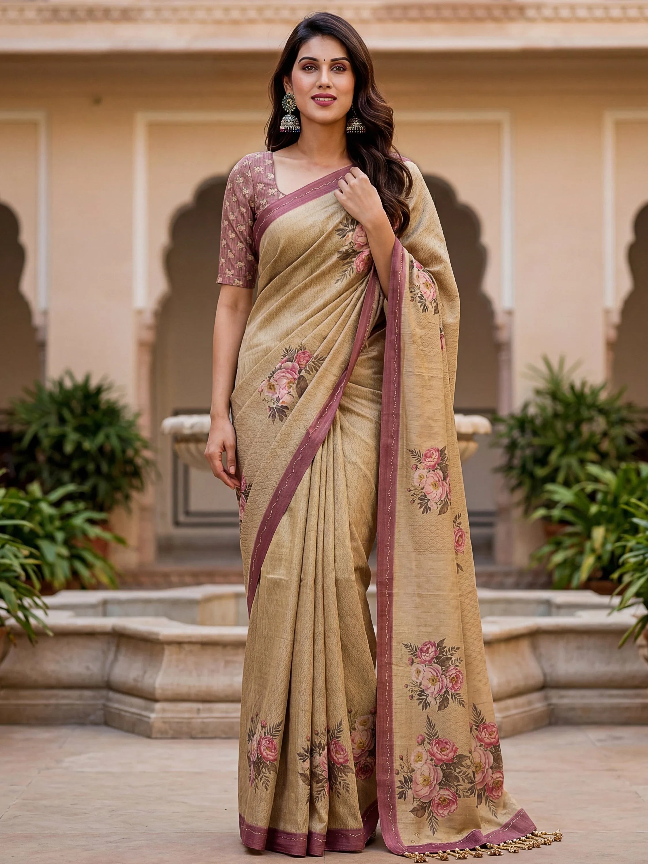 Beige Classy Digital Printed Silk Traditional Saree With Blouse