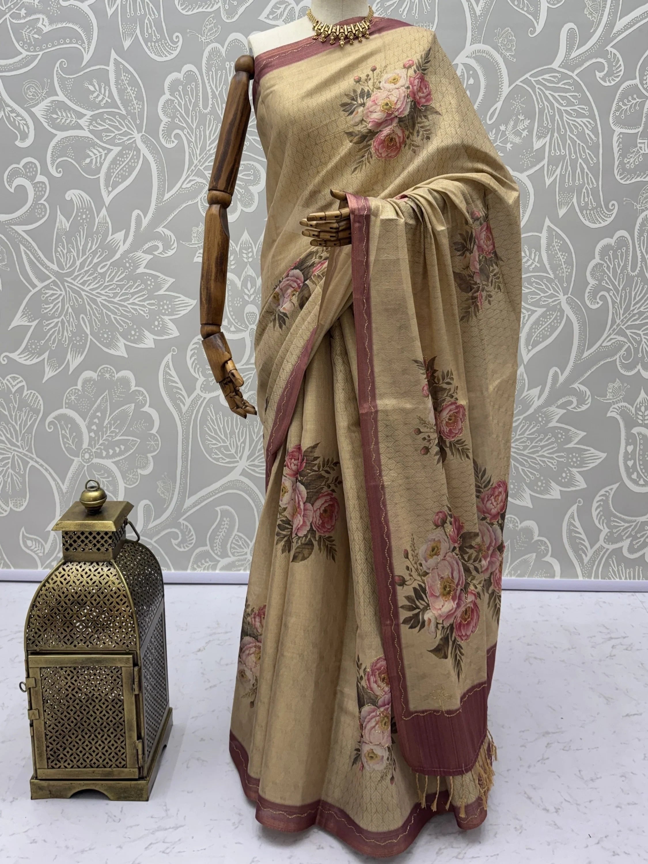 Beige Classy Digital Printed Silk Traditional Saree With Blouse