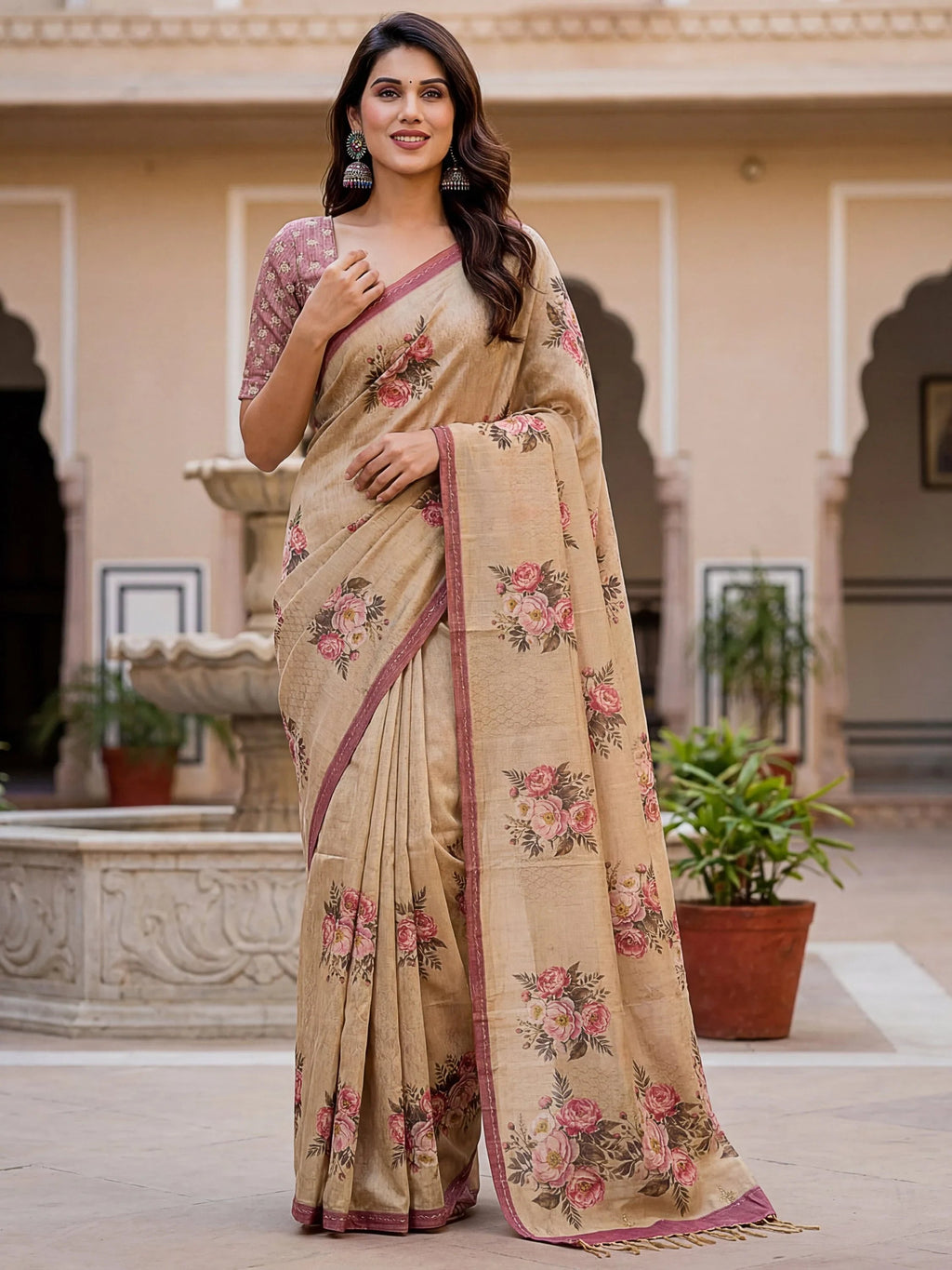 Beige Classy Digital Printed Silk Traditional Saree With Blouse