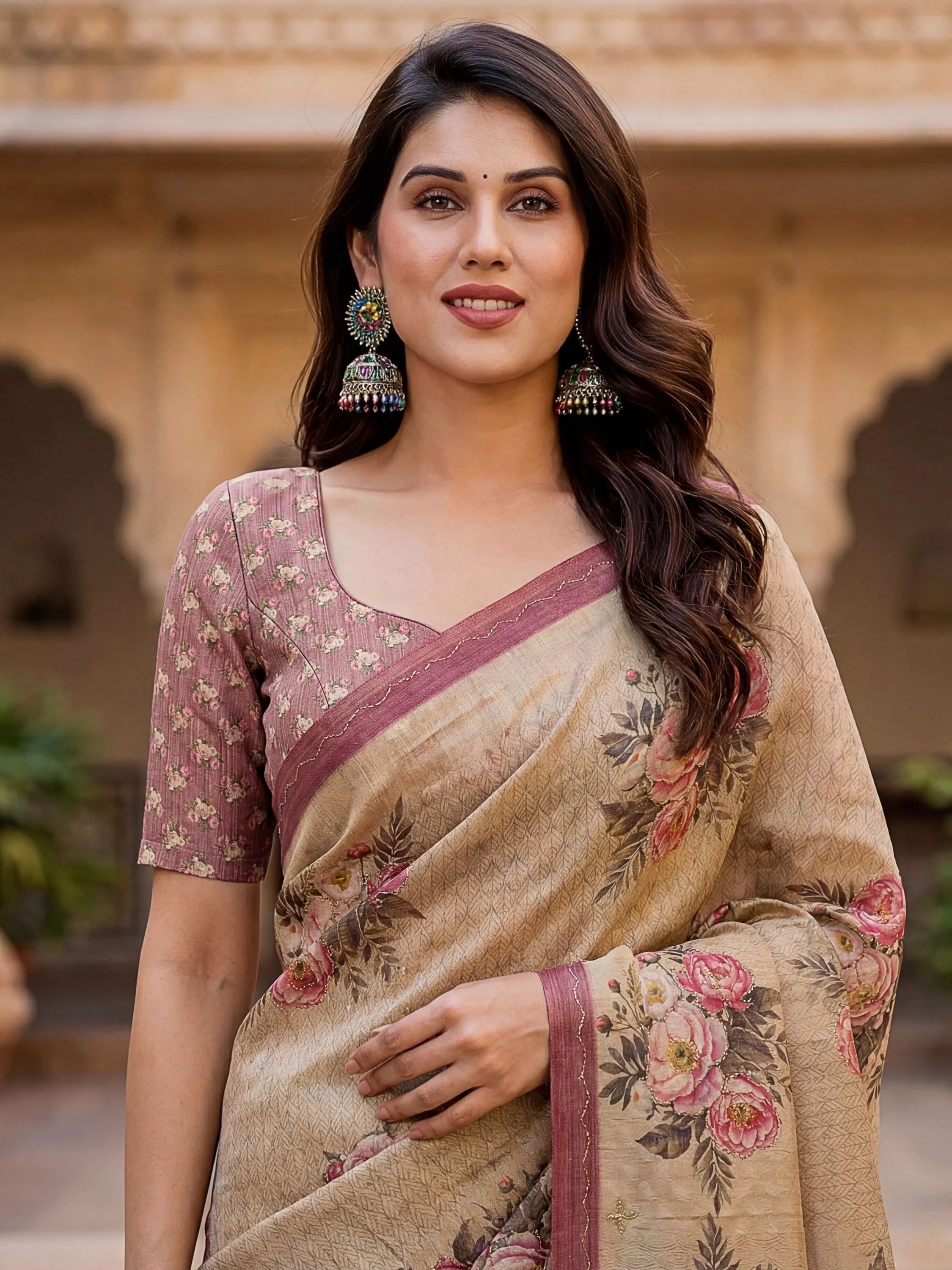 Beige Classy Digital Printed Silk Traditional Saree With Blouse