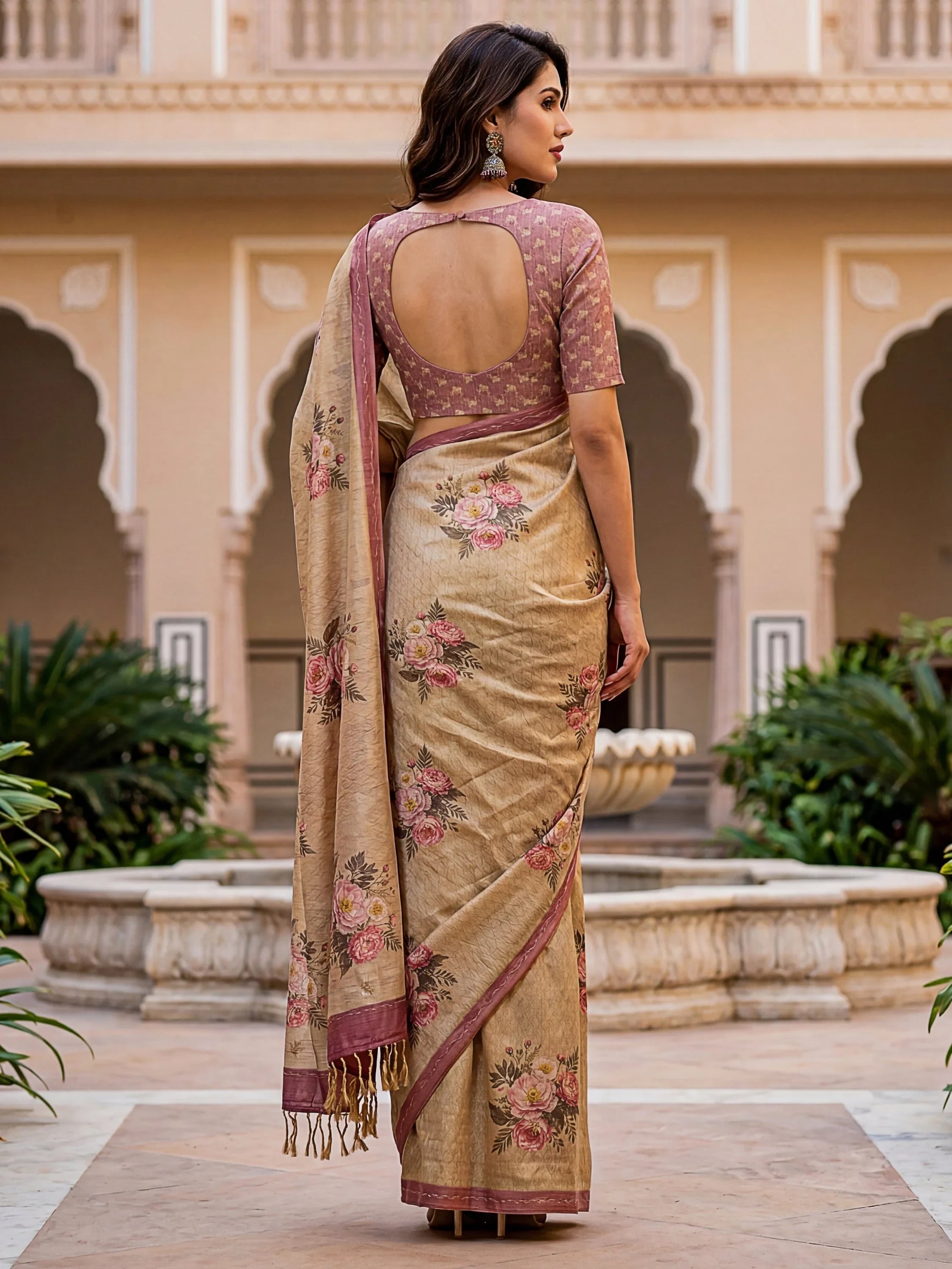 Beige Classy Digital Printed Silk Traditional Saree With Blouse