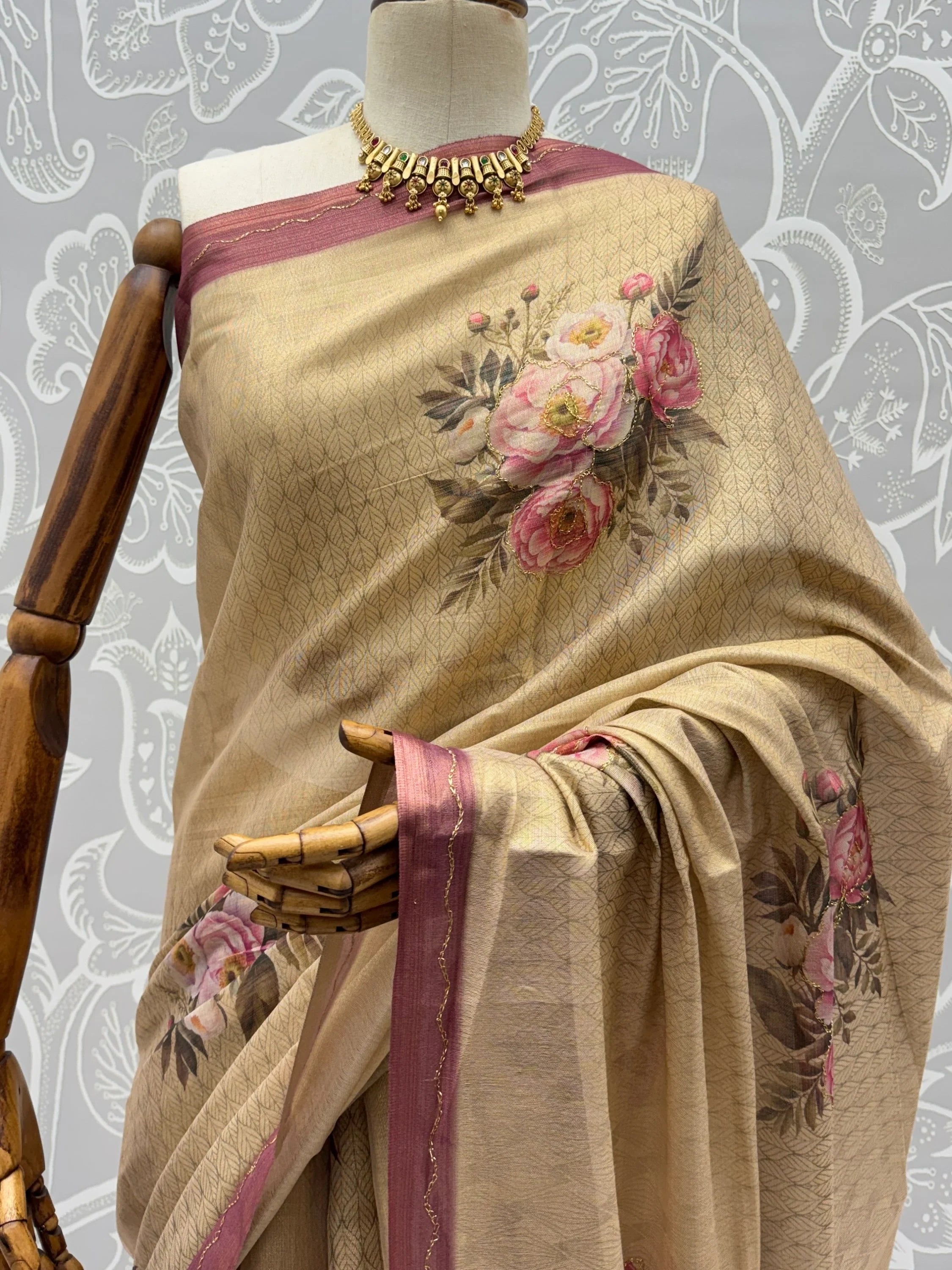 Beige Classy Digital Printed Silk Traditional Saree With Blouse