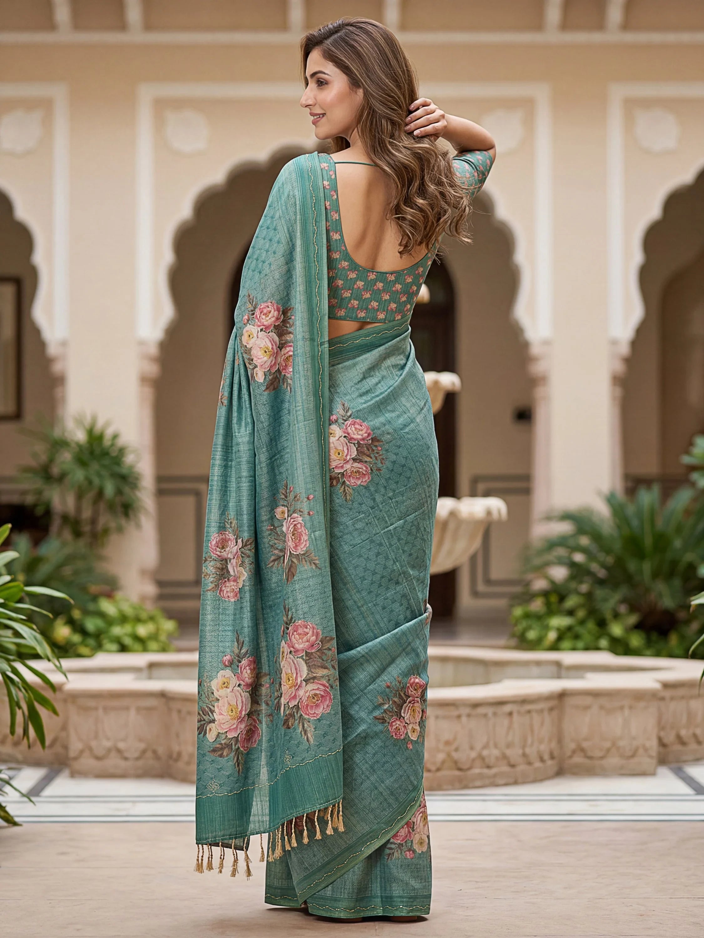 Teal Classy Digital Printed Silk Traditional Saree With Blouse
