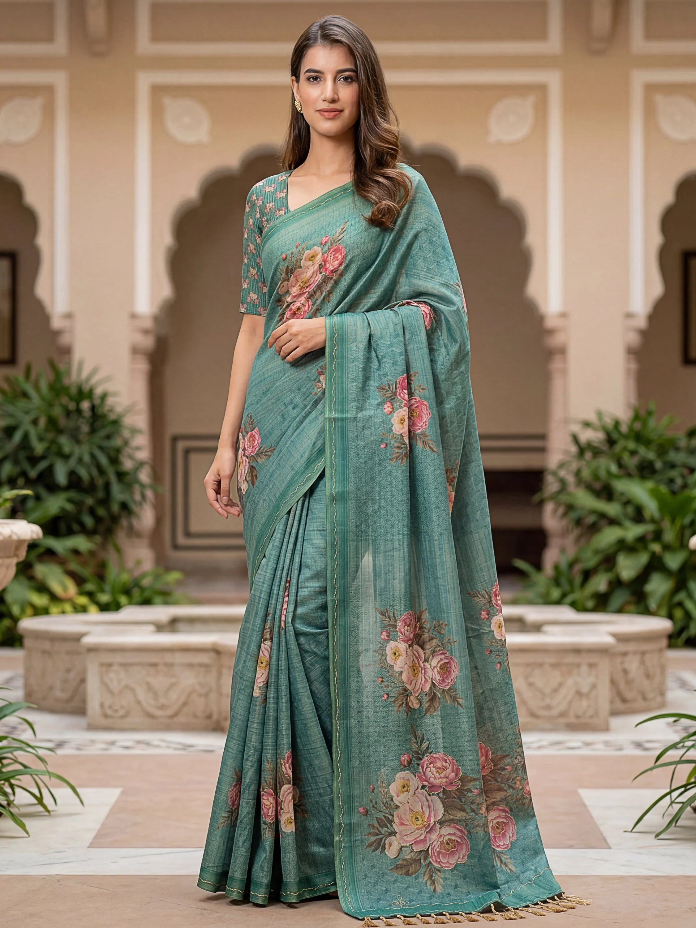 Teal Classy Digital Printed Silk Traditional Saree With Blouse