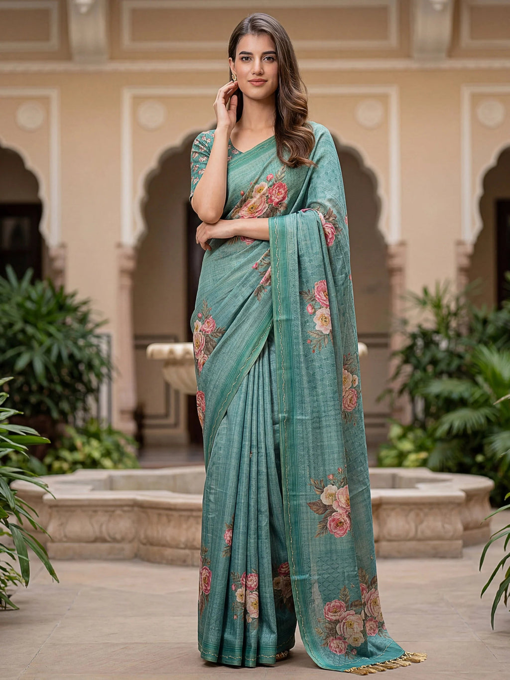 Teal Classy Digital Printed Silk Traditional Saree With Blouse