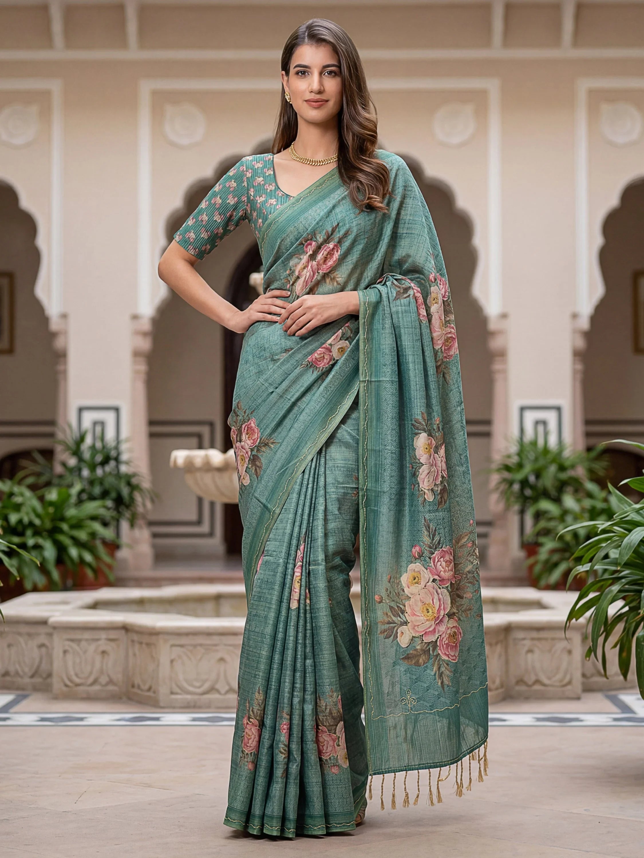 Teal Classy Digital Printed Silk Traditional Saree With Blouse