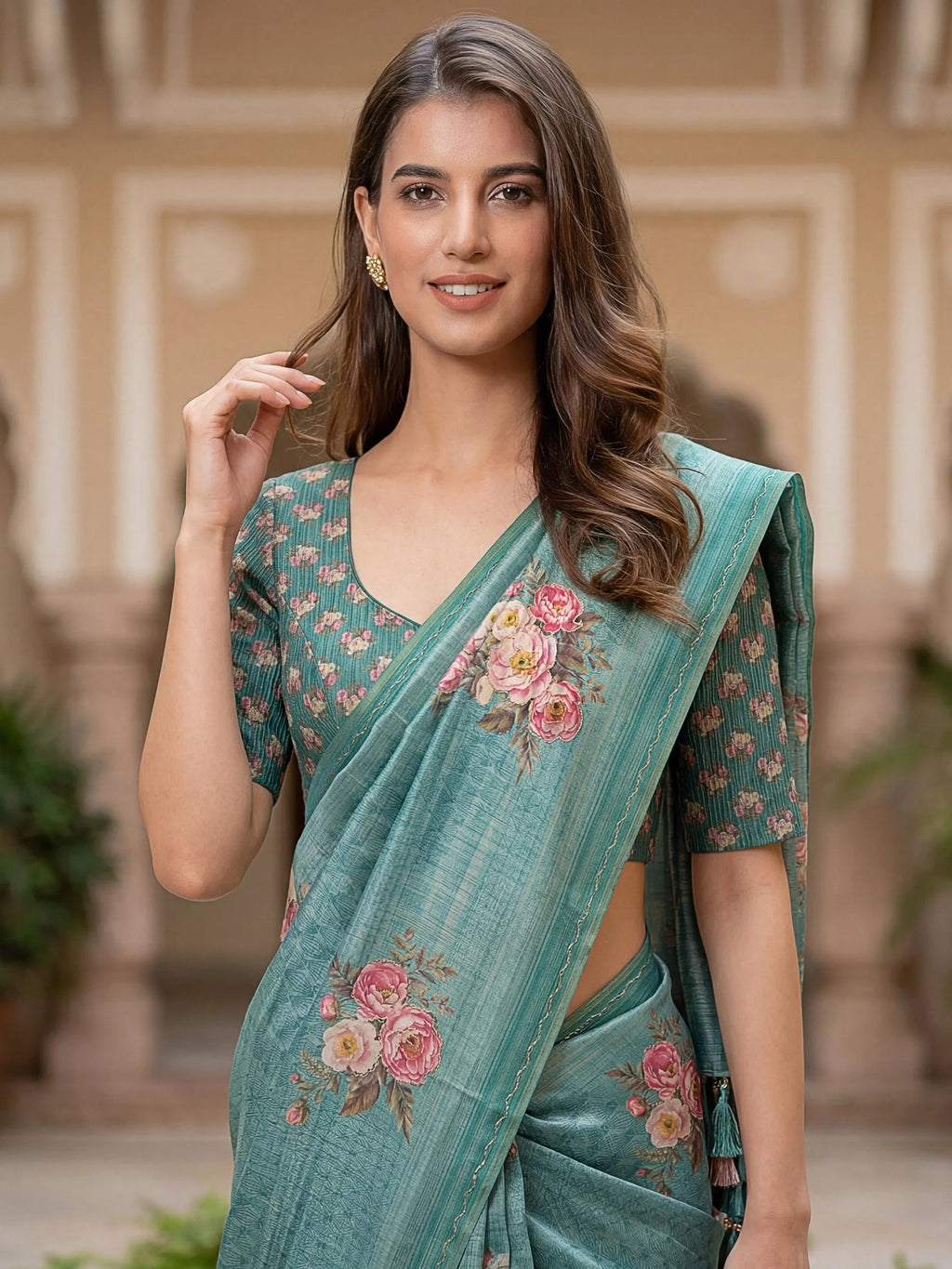 Teal Classy Digital Printed Silk Traditional Saree With Blouse