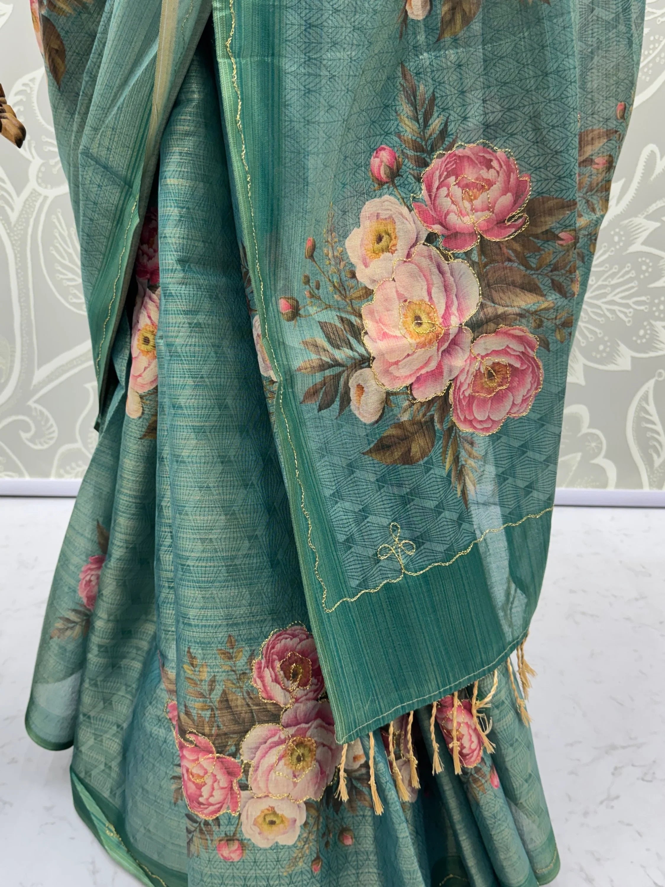 Teal Classy Digital Printed Silk Traditional Saree With Blouse