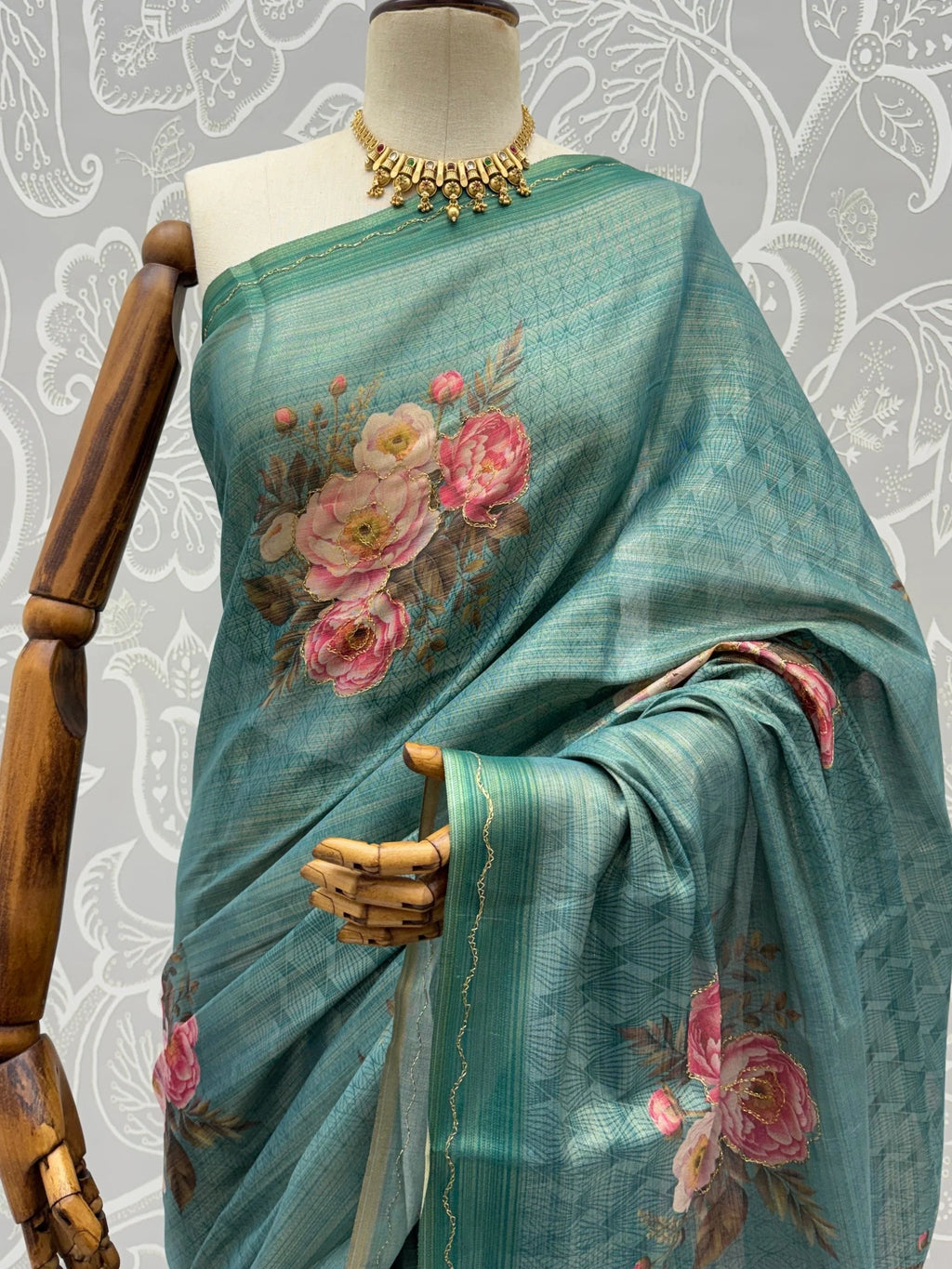 Teal Classy Digital Printed Silk Traditional Saree With Blouse
