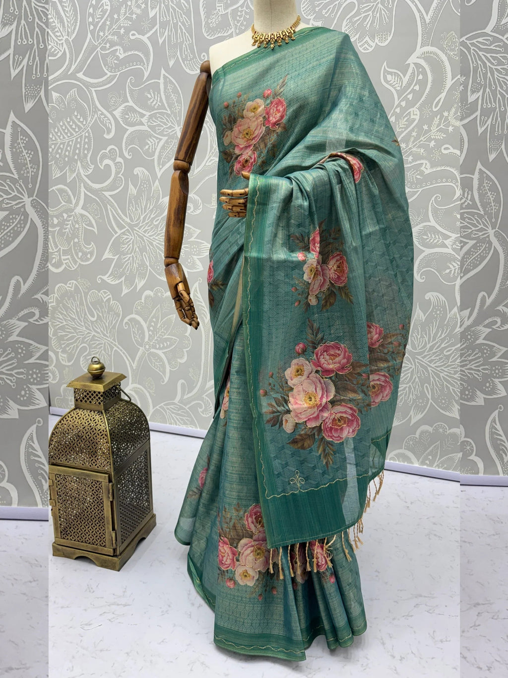 Teal Classy Digital Printed Silk Traditional Saree With Blouse