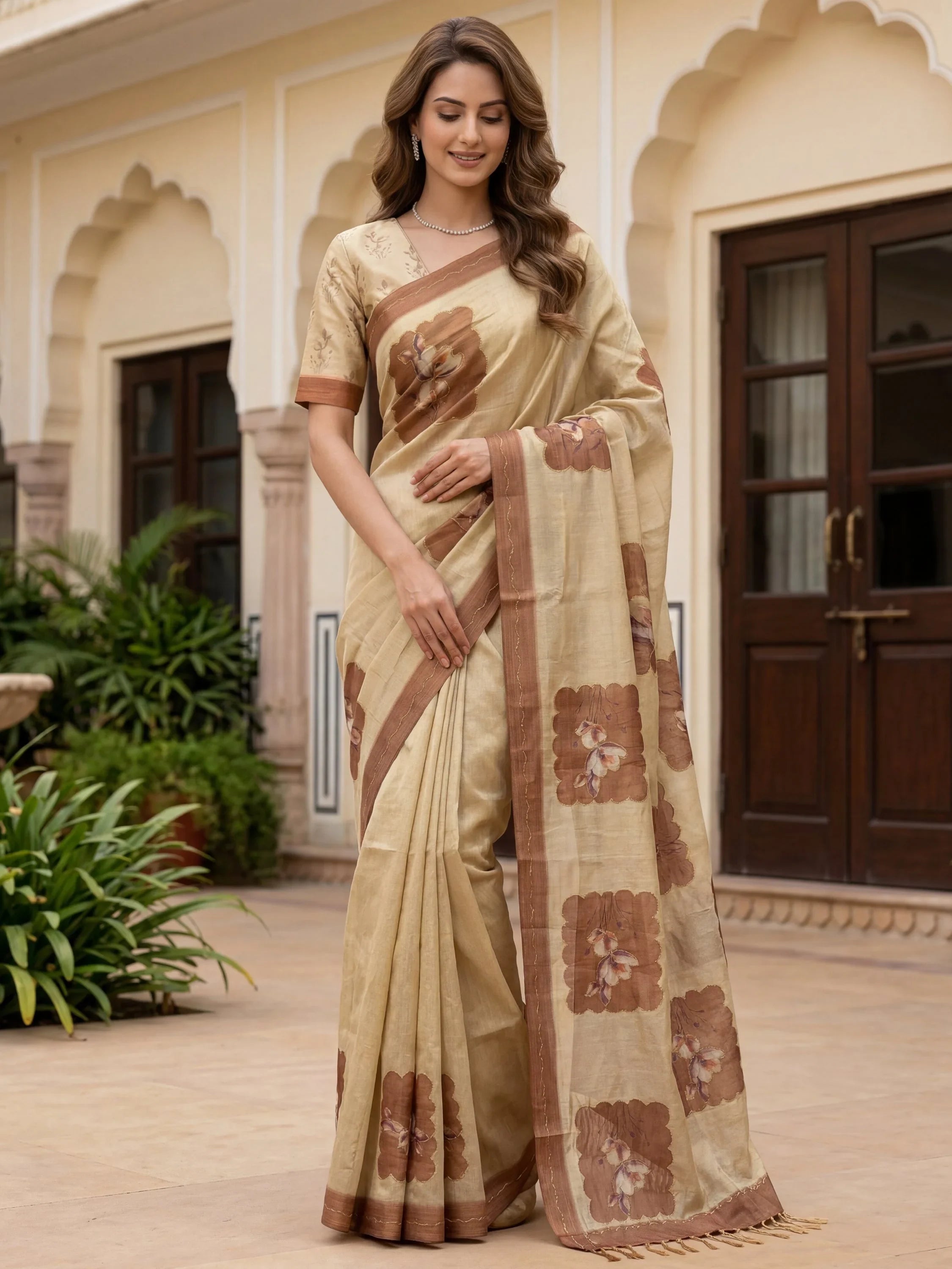 Beige Impressive Flower Printed Silk Bridesmaid Saree With Blouse
