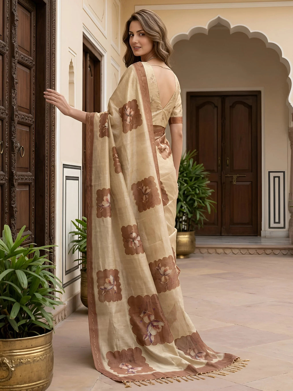 Beige Impressive Flower Printed Silk Bridesmaid Saree With Blouse