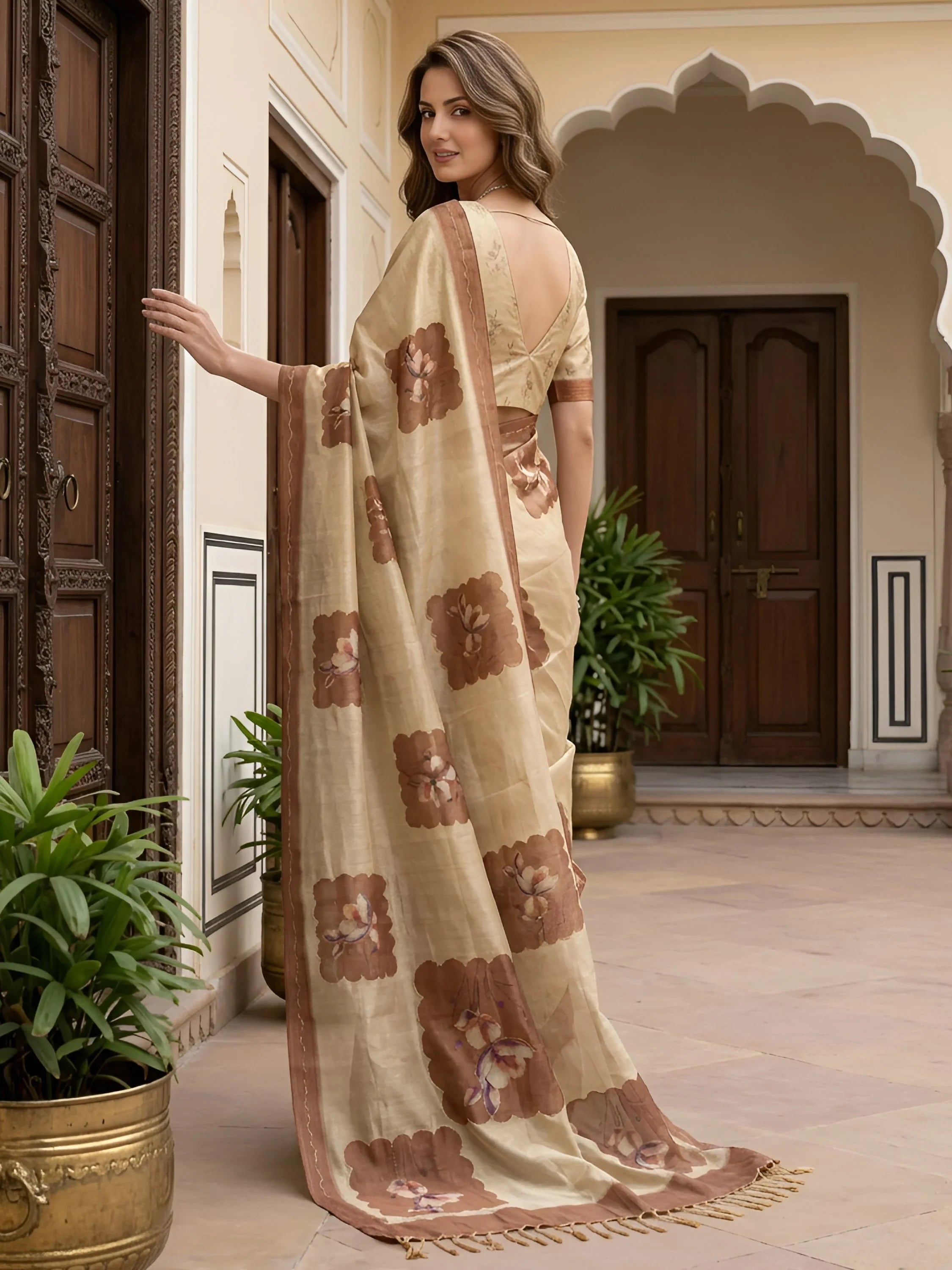 Beige Impressive Flower Printed Silk Bridesmaid Saree With Blouse