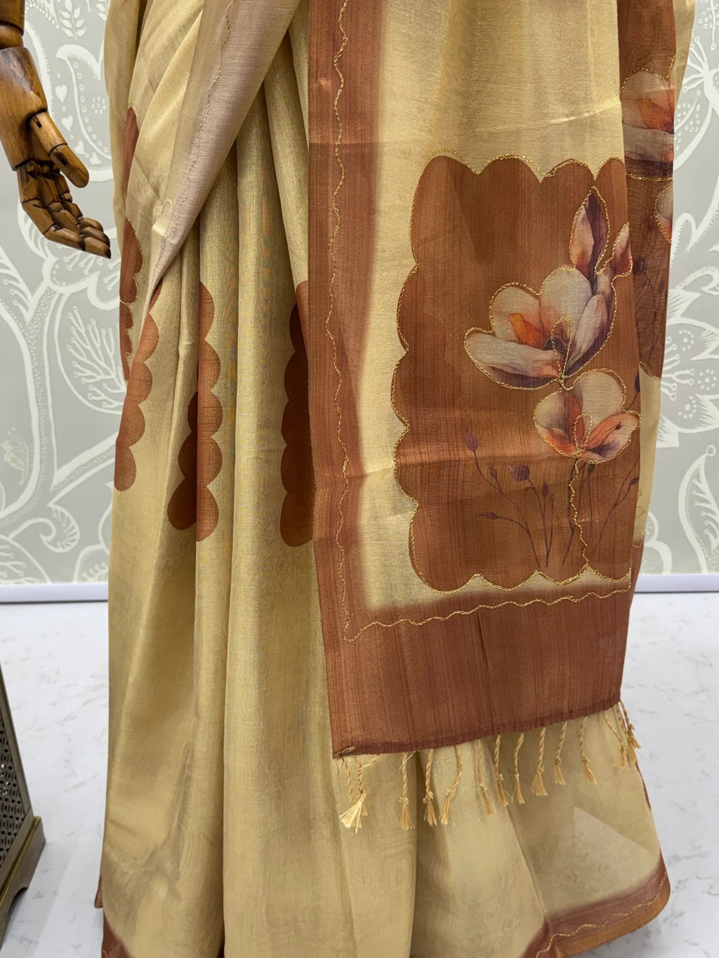 Beige Impressive Flower Printed Silk Bridesmaid Saree With Blouse