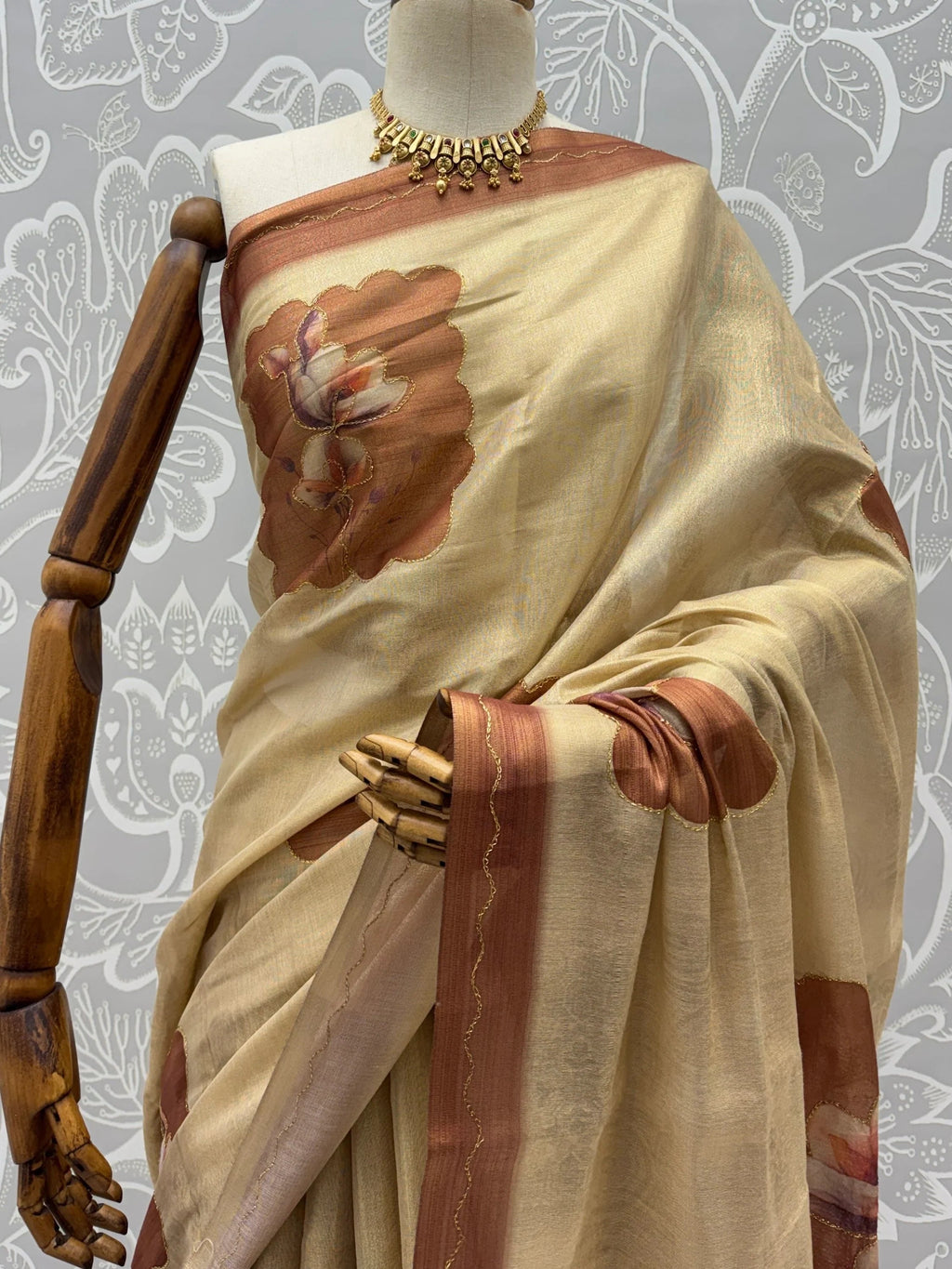 Beige Impressive Flower Printed Silk Bridesmaid Saree With Blouse