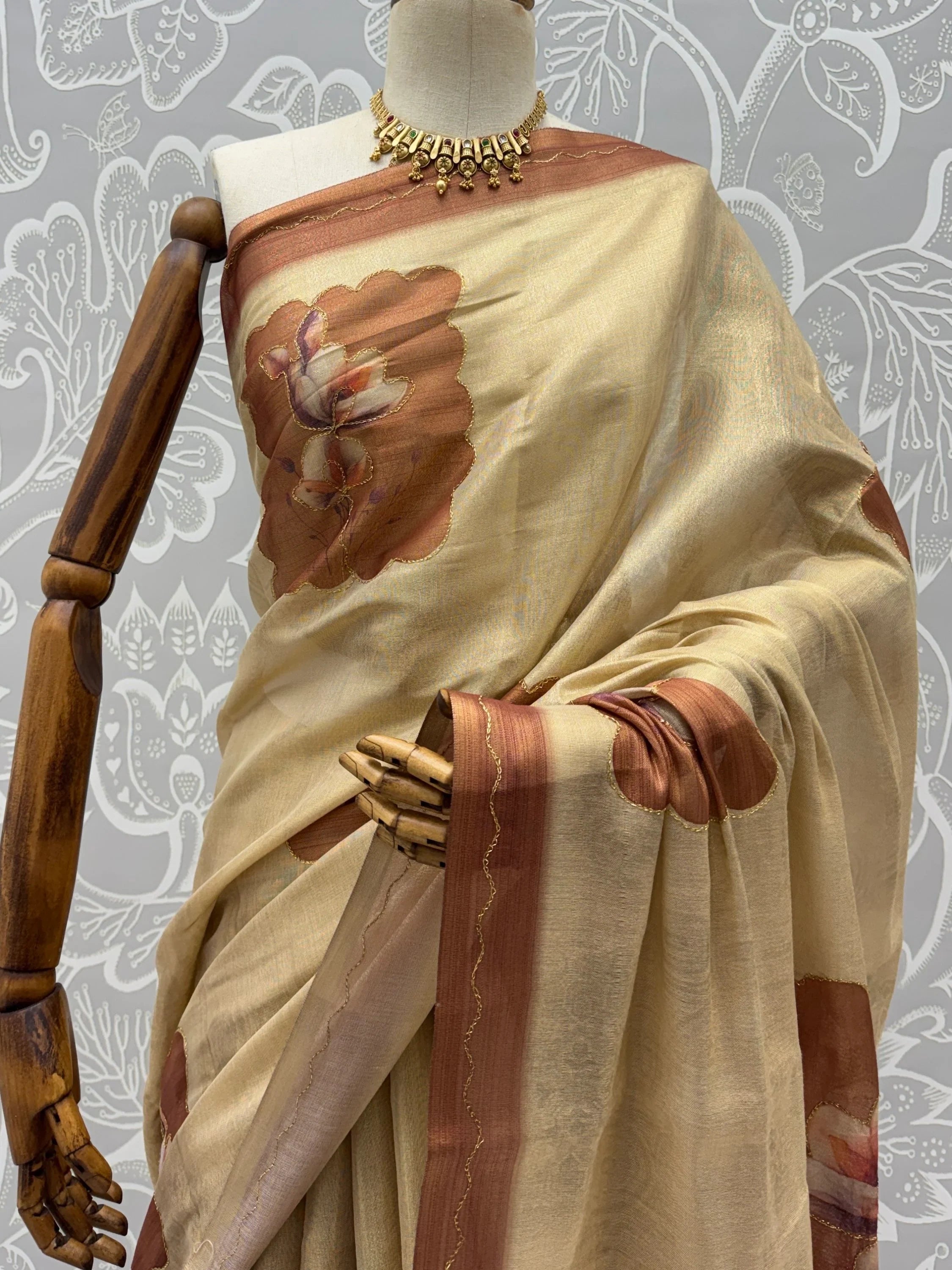 Beige Impressive Flower Printed Silk Bridesmaid Saree With Blouse