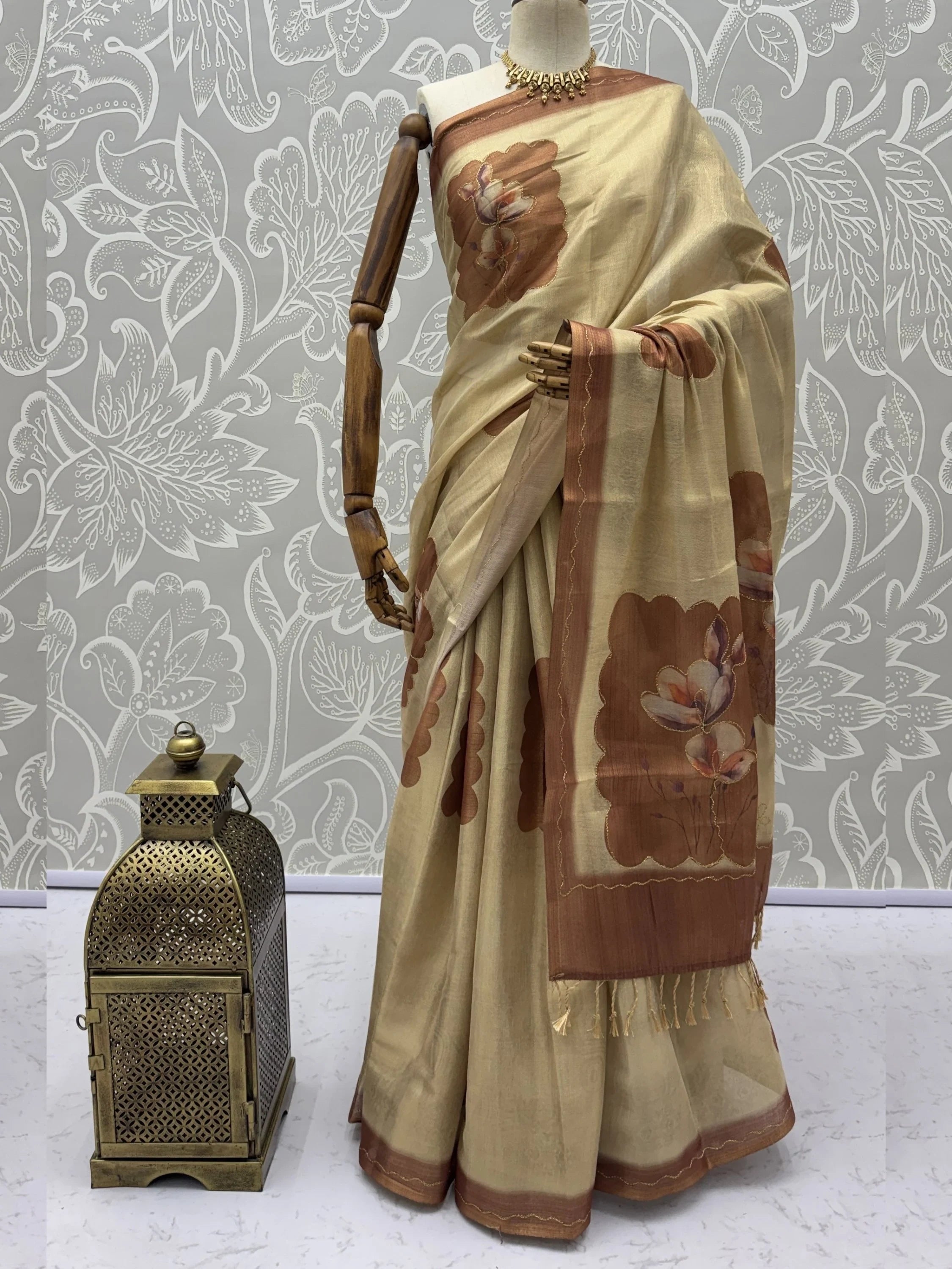 Beige Impressive Flower Printed Silk Bridesmaid Saree With Blouse