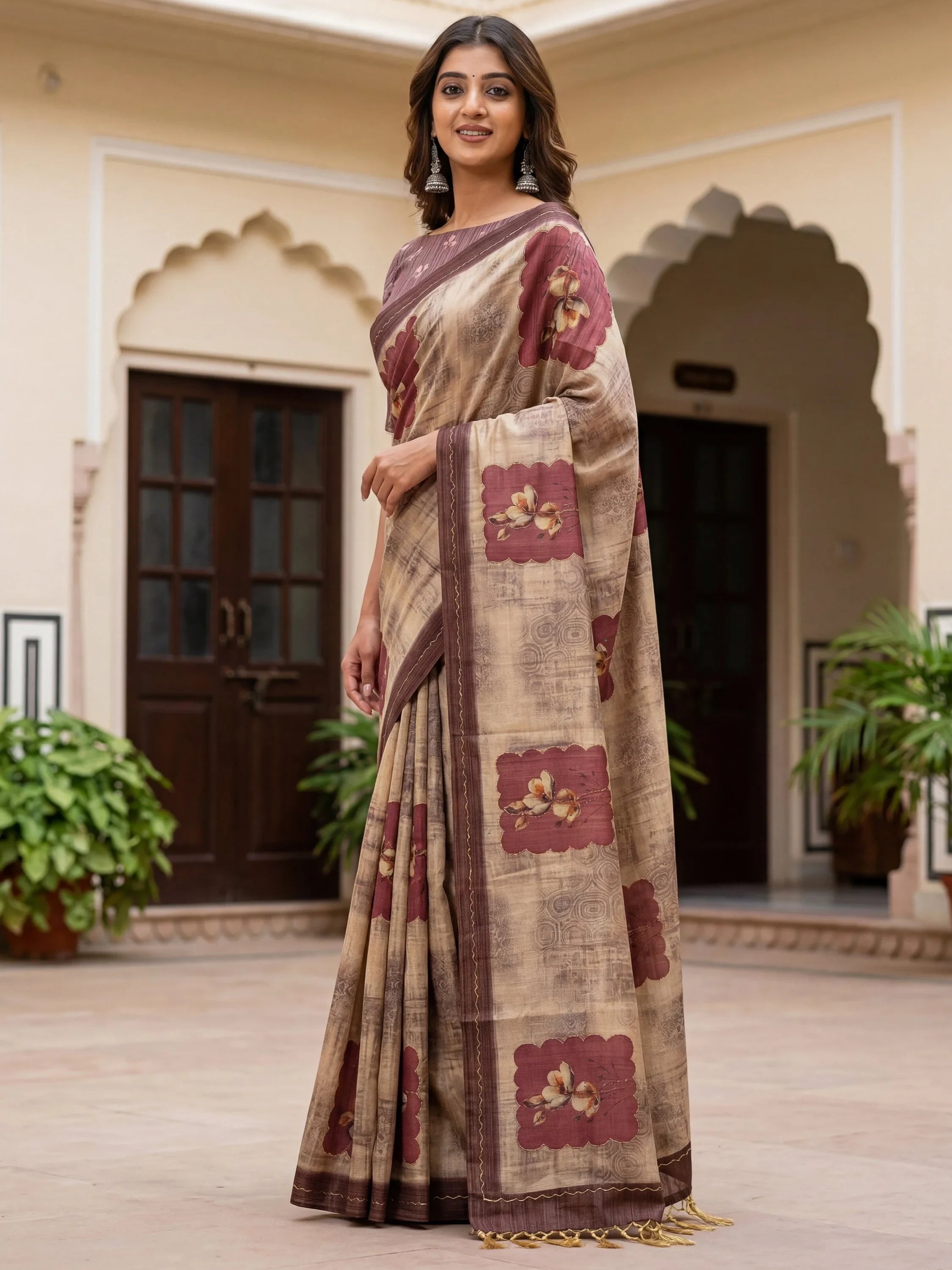 Brown Impressive Flower Printed Silk Bridesmaid Saree With Blouse
