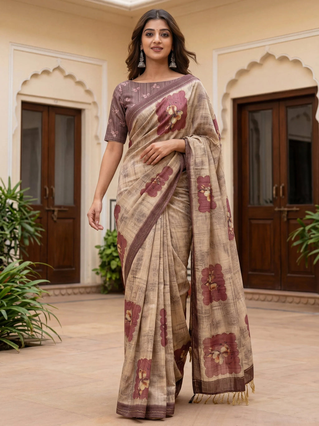 Brown Impressive Flower Printed Silk Bridesmaid Saree With Blouse