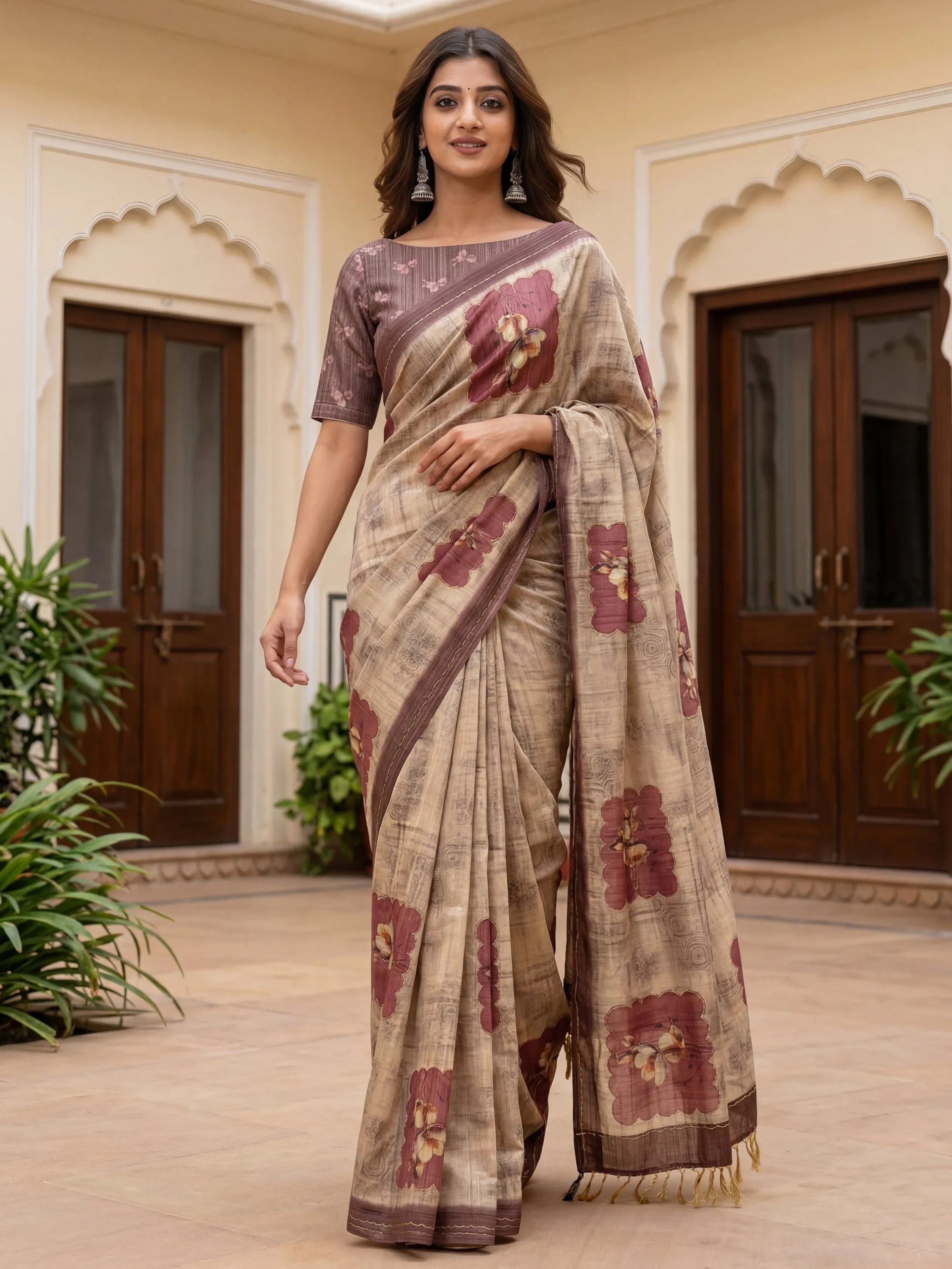 Brown Impressive Flower Printed Silk Bridesmaid Saree With Blouse