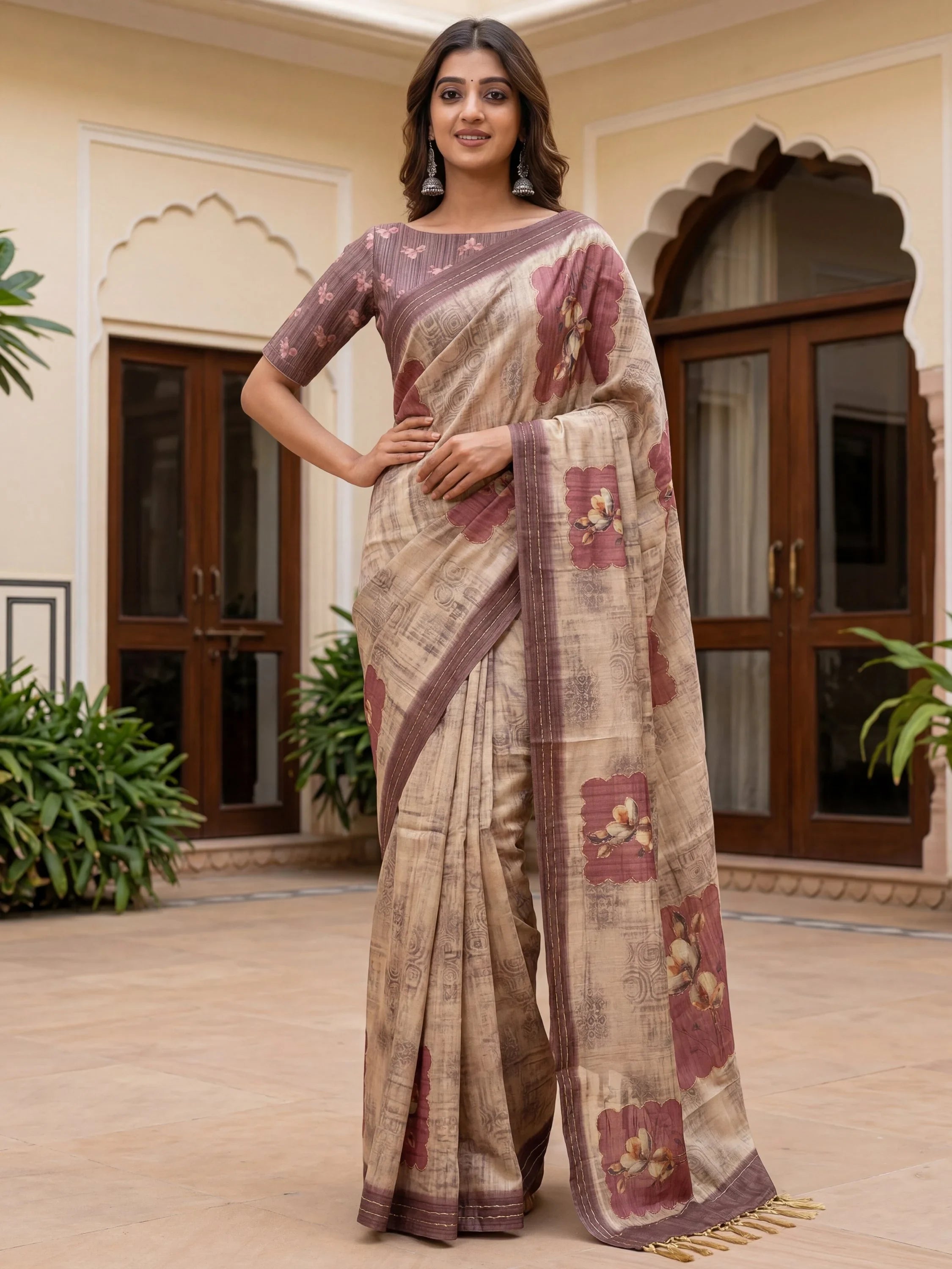 Brown Impressive Flower Printed Silk Bridesmaid Saree With Blouse