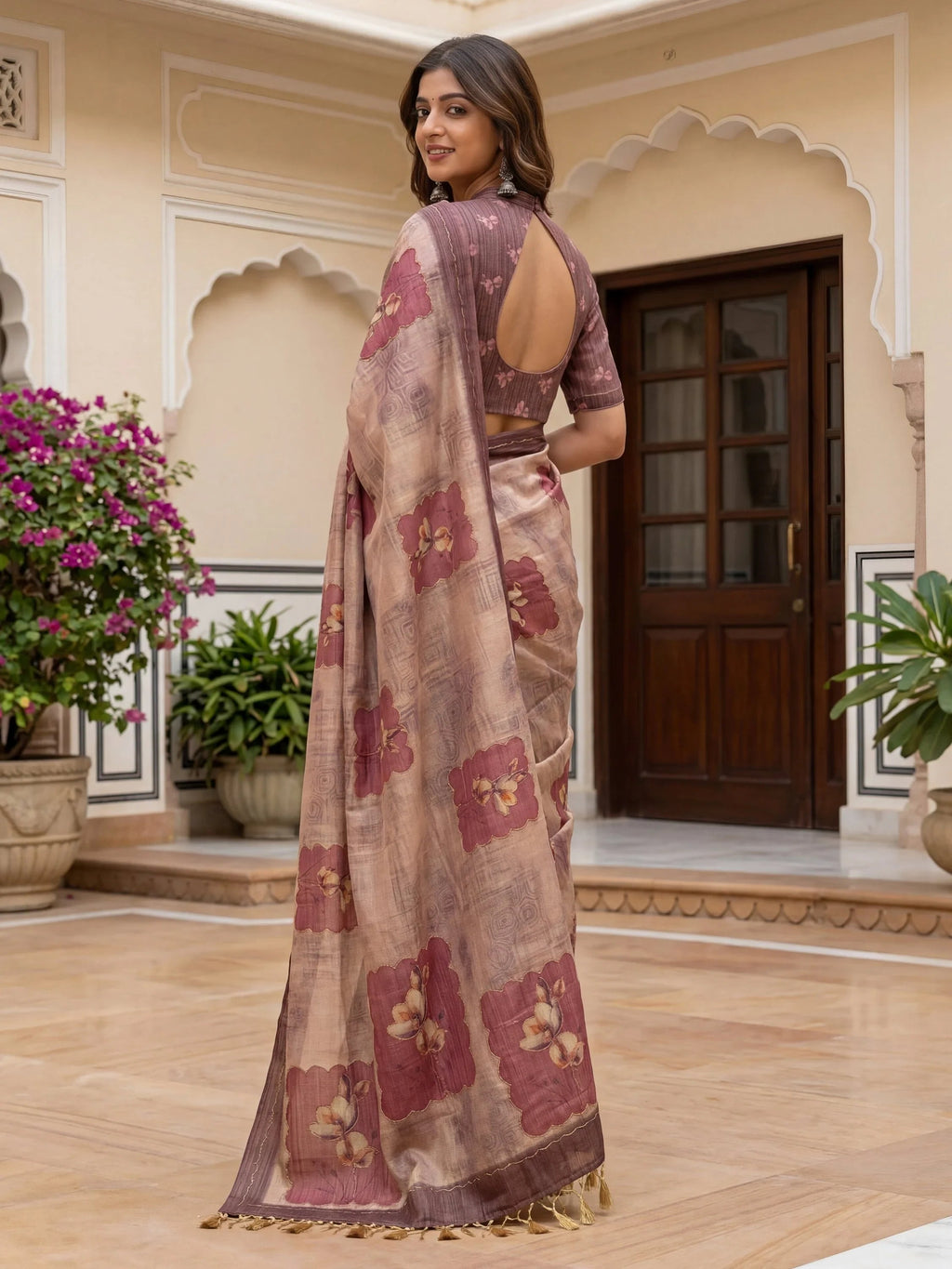 Brown Impressive Flower Printed Silk Bridesmaid Saree With Blouse