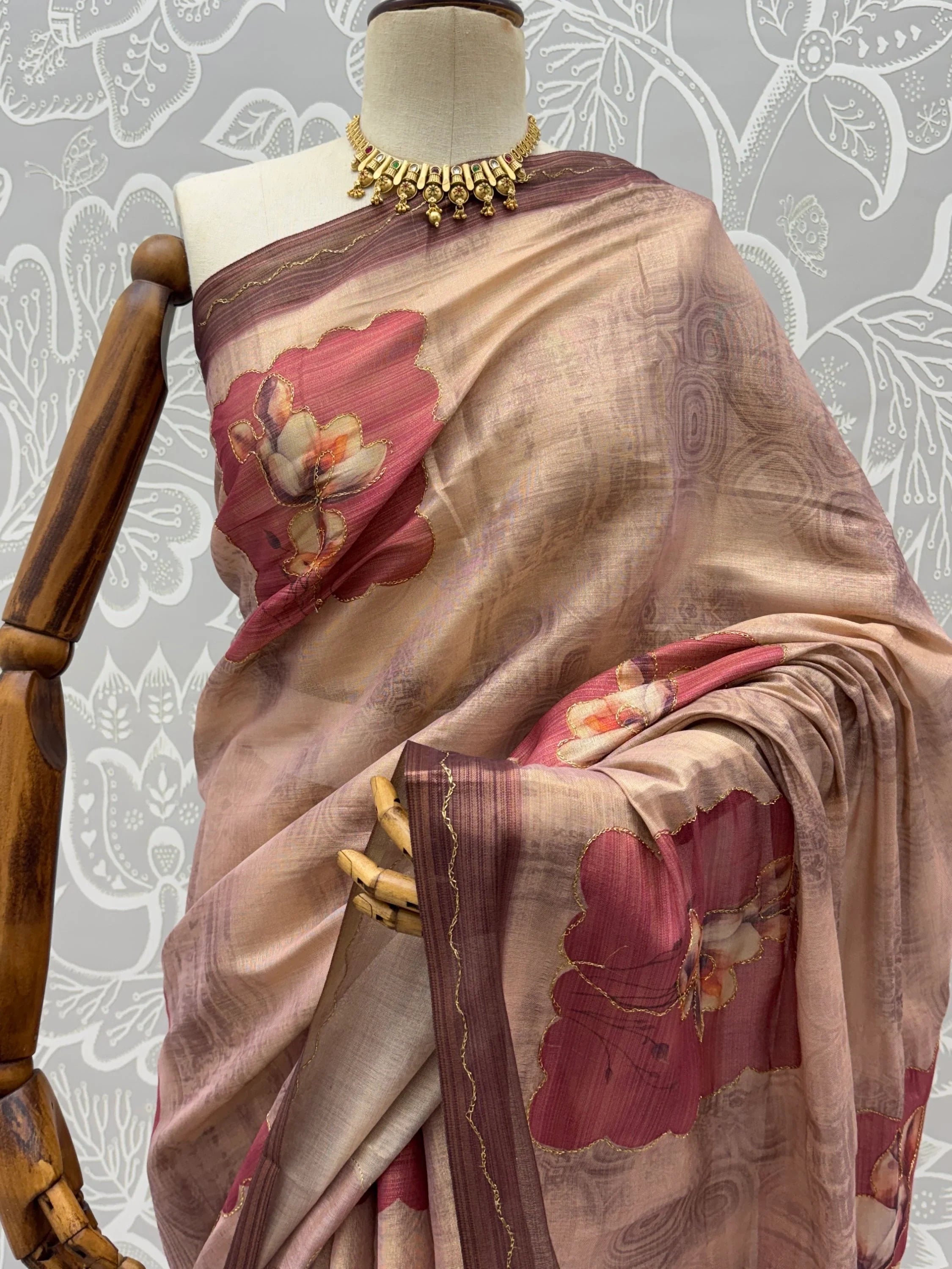 Brown Impressive Flower Printed Silk Bridesmaid Saree With Blouse