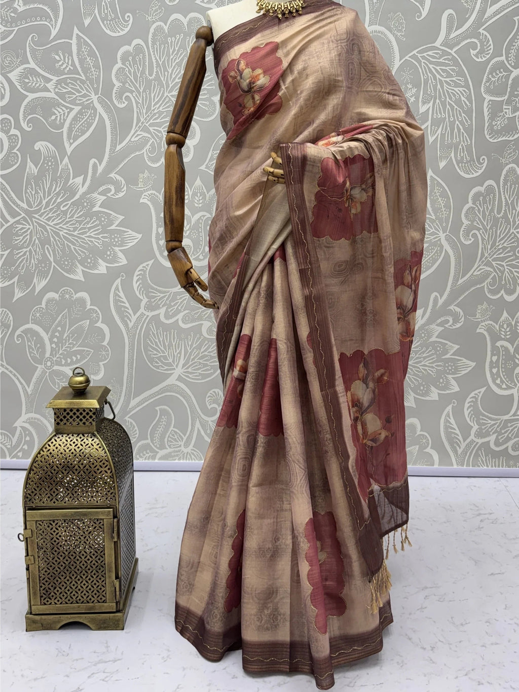 Brown Impressive Flower Printed Silk Bridesmaid Saree With Blouse
