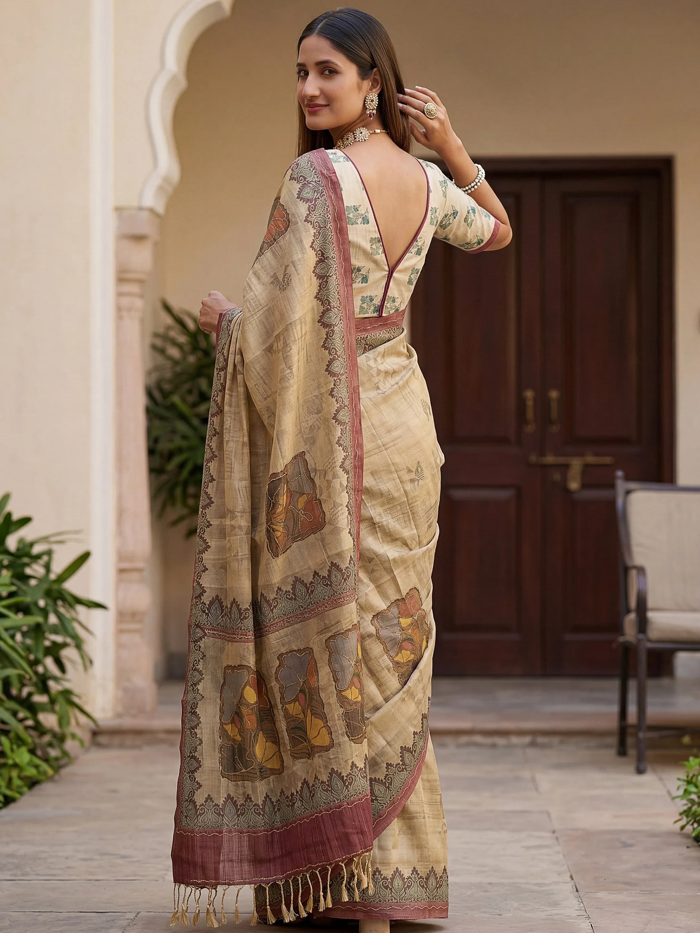 Glowing Beige Digital Printed Silk Festive Wear Saree With Blouse