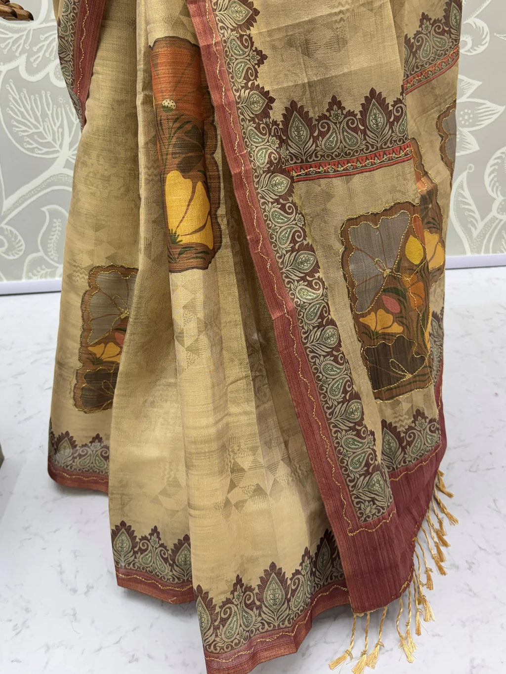 Glowing Beige Digital Printed Silk Festive Wear Saree With Blouse