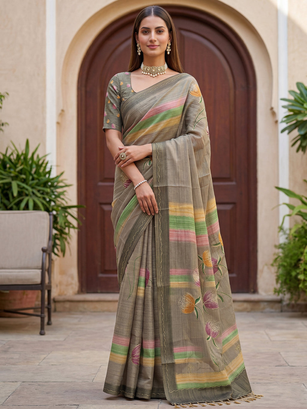 Attractive Grey Dori Work Silk Festive Wear Saree With Blouse