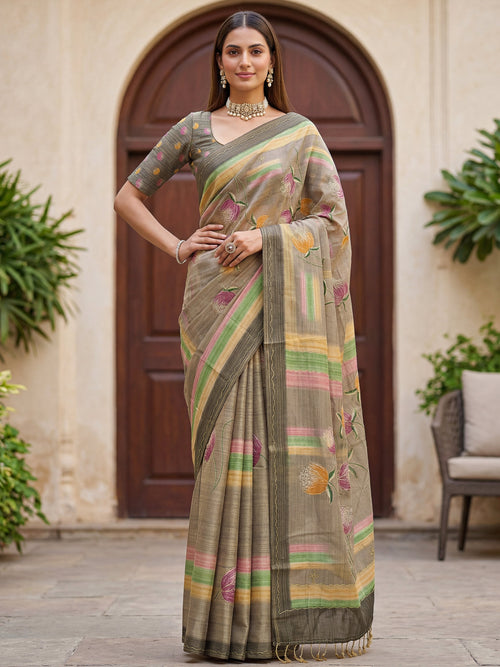 Attractive Grey Dori Work Silk Festive Wear Saree With Blouse