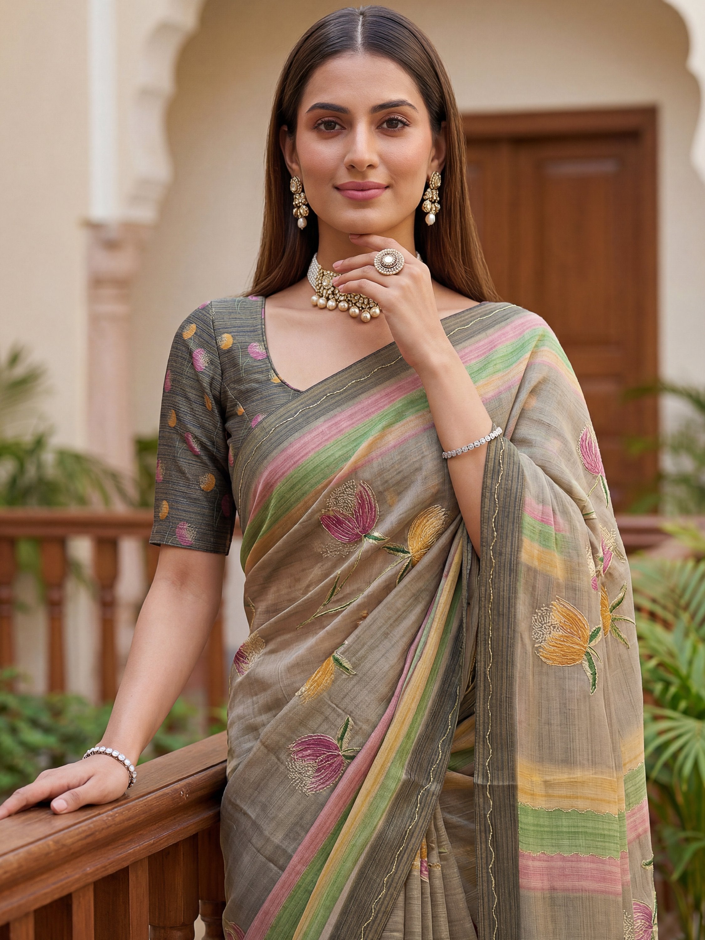 Attractive Grey Dori Work Silk Festive Wear Saree With Blouse