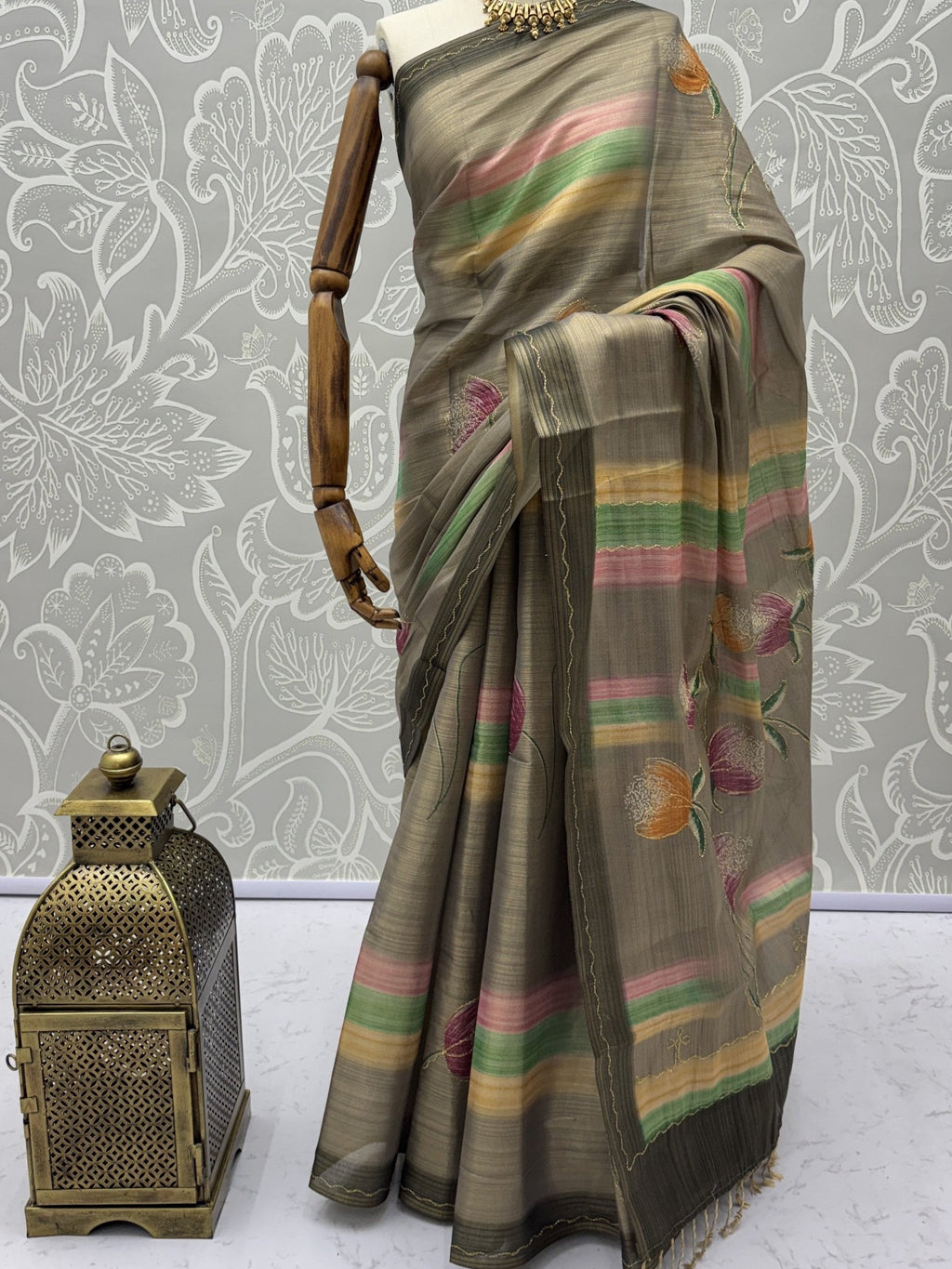 Attractive Grey Dori Work Silk Festive Wear Saree With Blouse