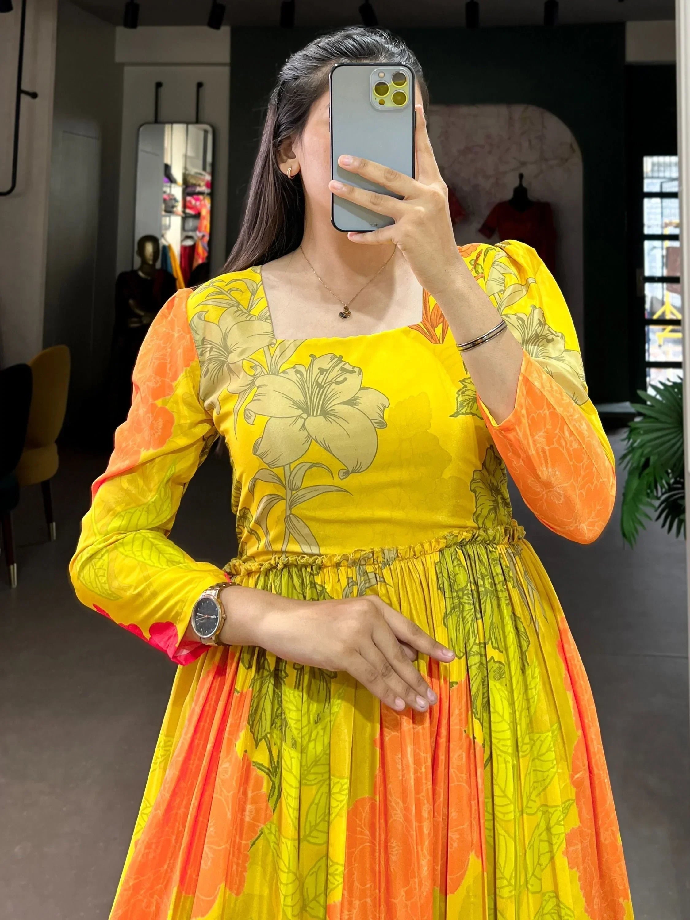 Fascinating Yellow Floral Printed Silk Function Wear Gown