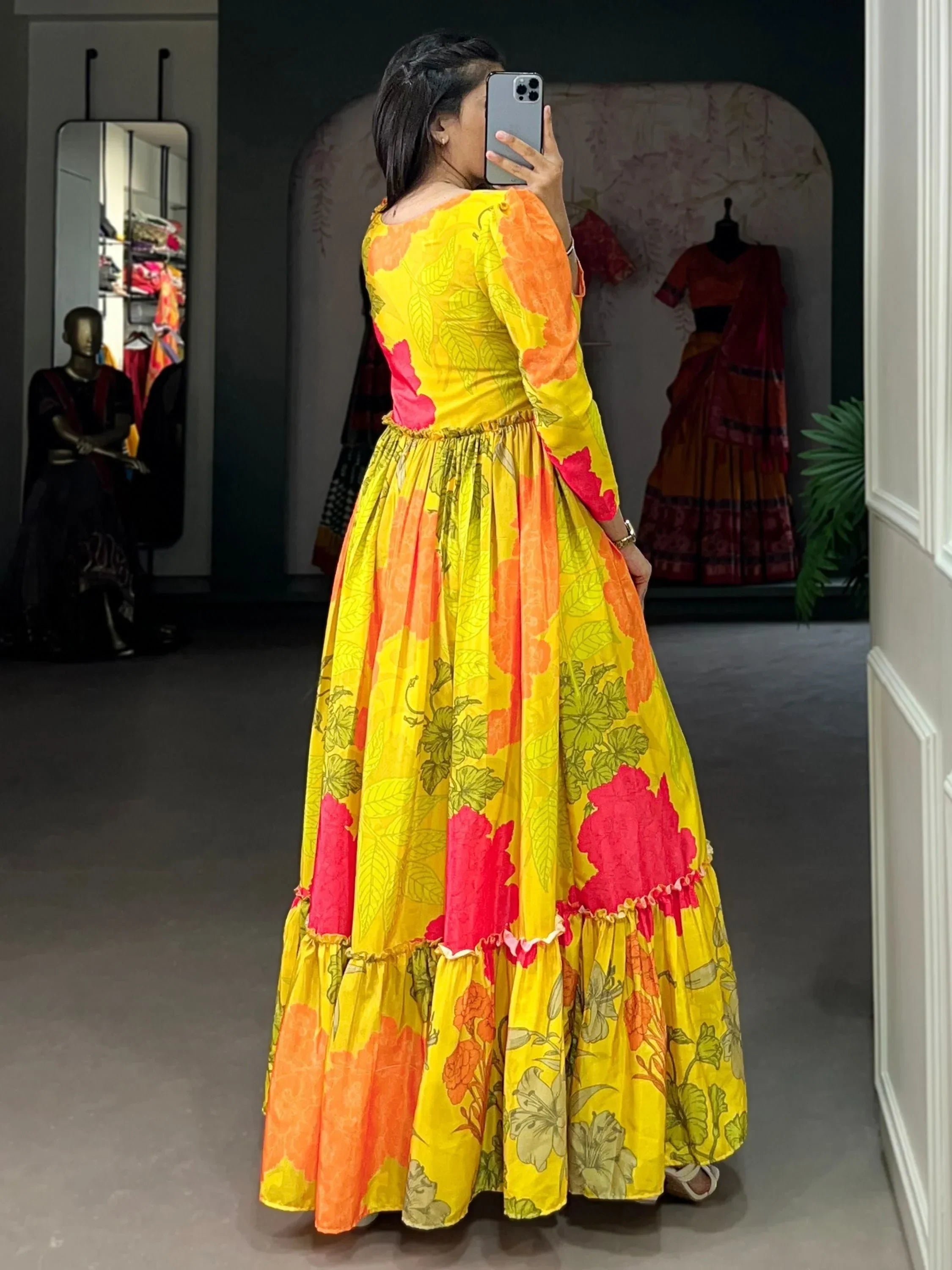Fascinating Yellow Floral Printed Silk Function Wear Gown