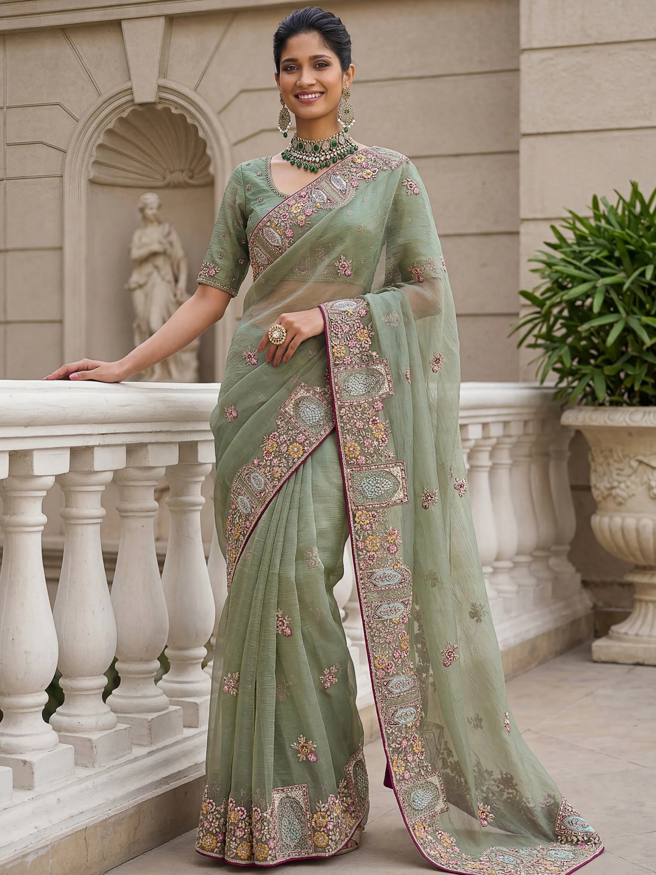 Green Notable Floral Embroidery Organza Reception Wear Saree With Blouse