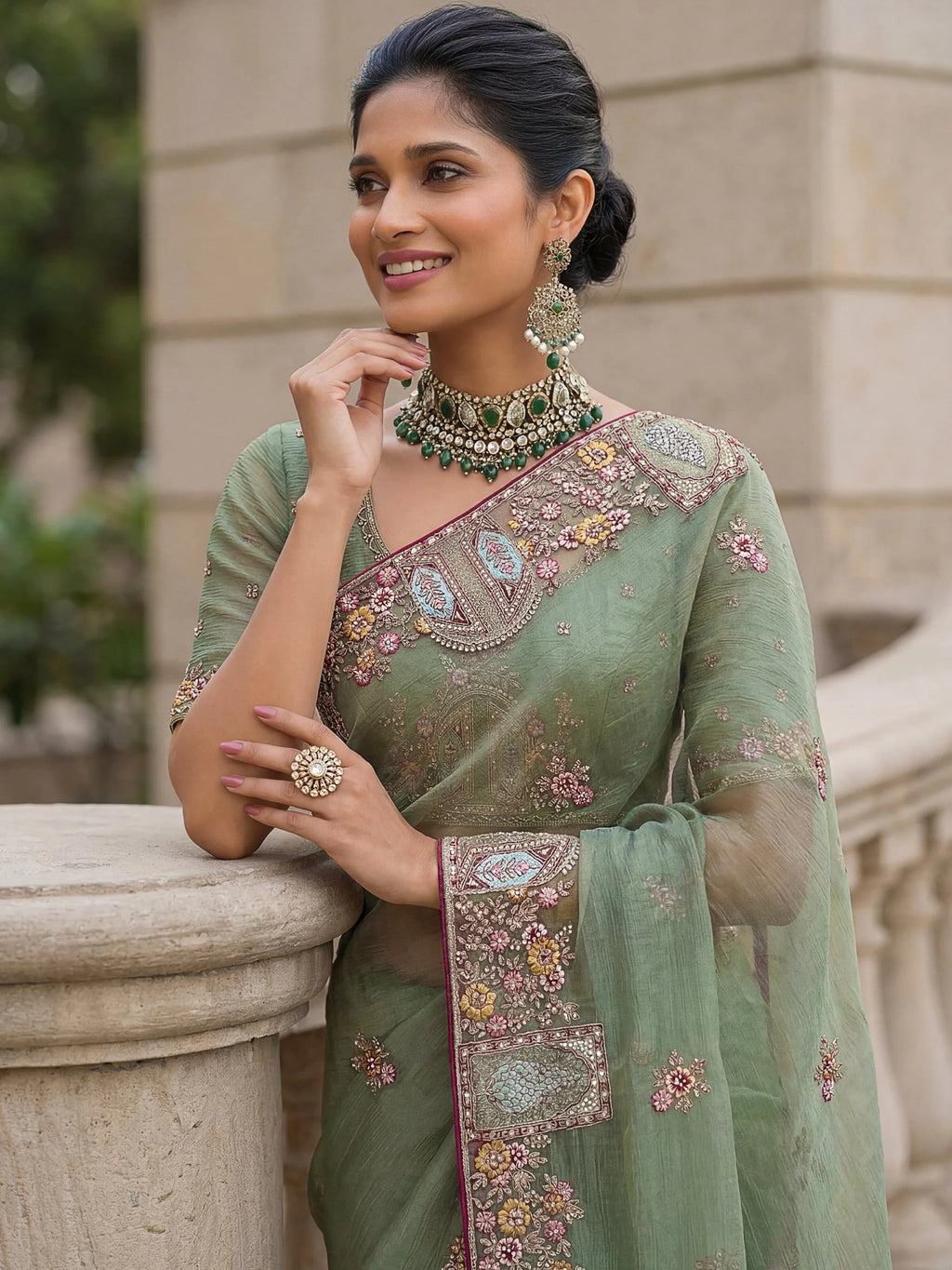 Green Notable Floral Embroidery Organza Reception Wear Saree With Blouse