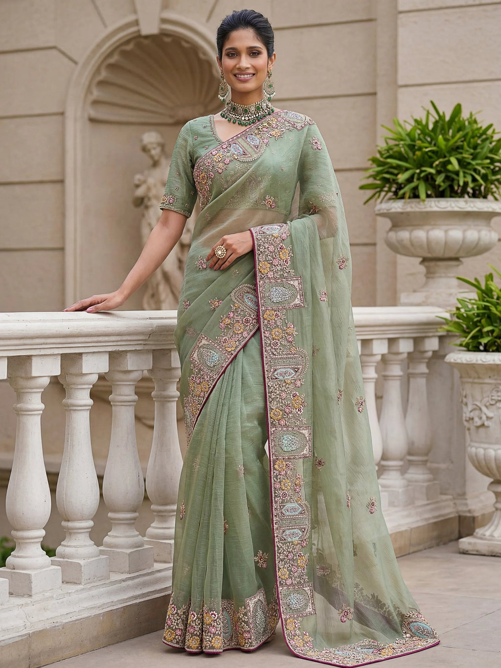 Green Notable Floral Embroidery Organza Reception Wear Saree With Blouse